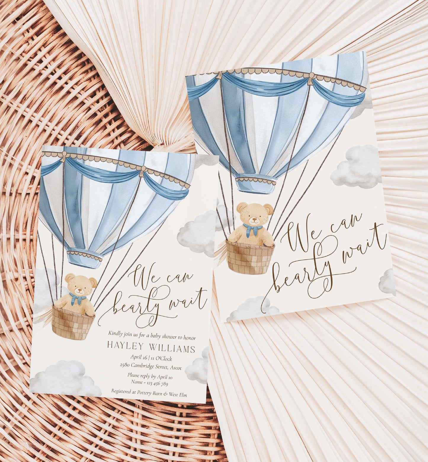 Printable Bearly Wait Baby Shower Invitation Template, Teddy Bear Boy Baby Shower, Hot Air Balloon Baby Shower, Baby Shower Evite