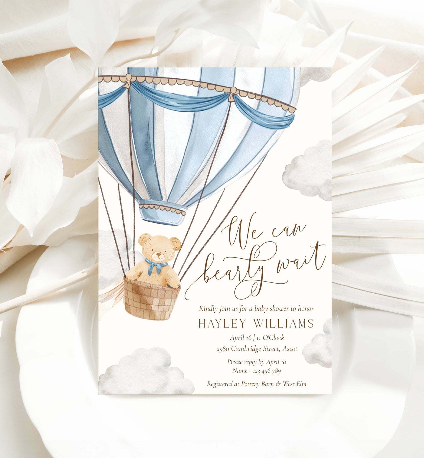 Printable Bearly Wait Baby Shower Invitation Template, Teddy Bear Boy Baby Shower, Hot Air Balloon Baby Shower, Baby Shower Evite