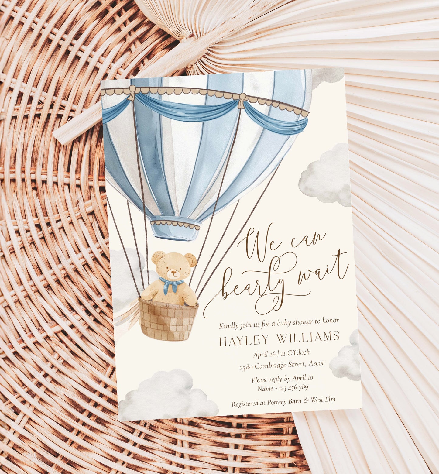 Printable Bearly Wait Baby Shower Invitation Template, Teddy Bear Boy Baby Shower, Hot Air Balloon Baby Shower, Baby Shower Evite