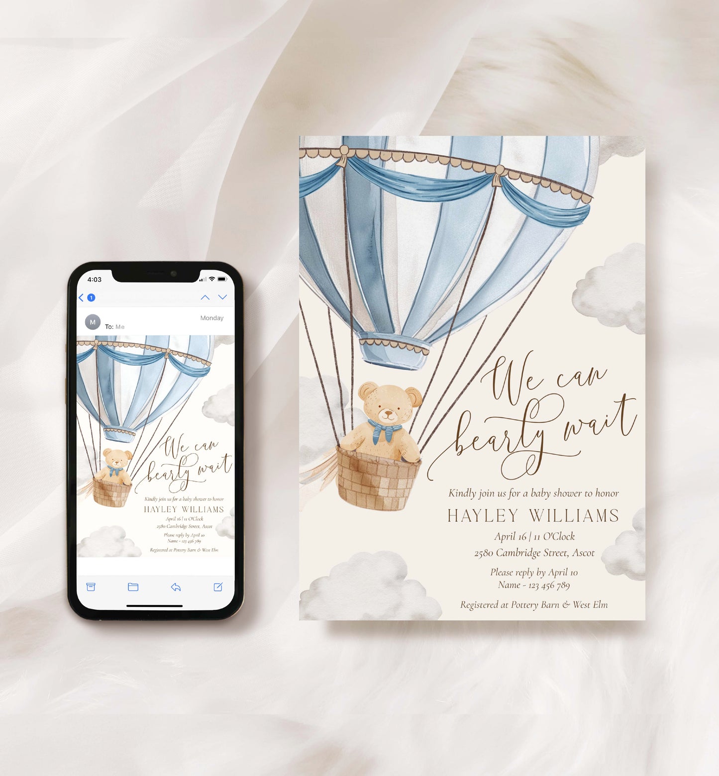 Printable Bearly Wait Baby Shower Invitation Template, Teddy Bear Boy Baby Shower, Hot Air Balloon Baby Shower, Baby Shower Evite