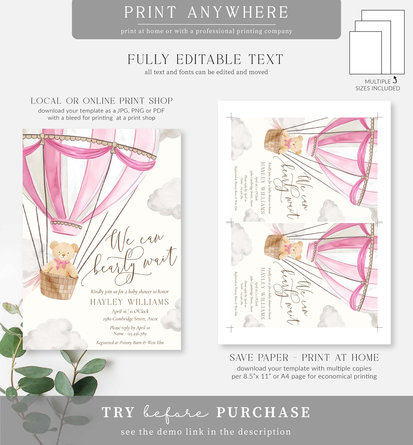 Bearly Wait Pink | Printable Baby Shower Invitation Template