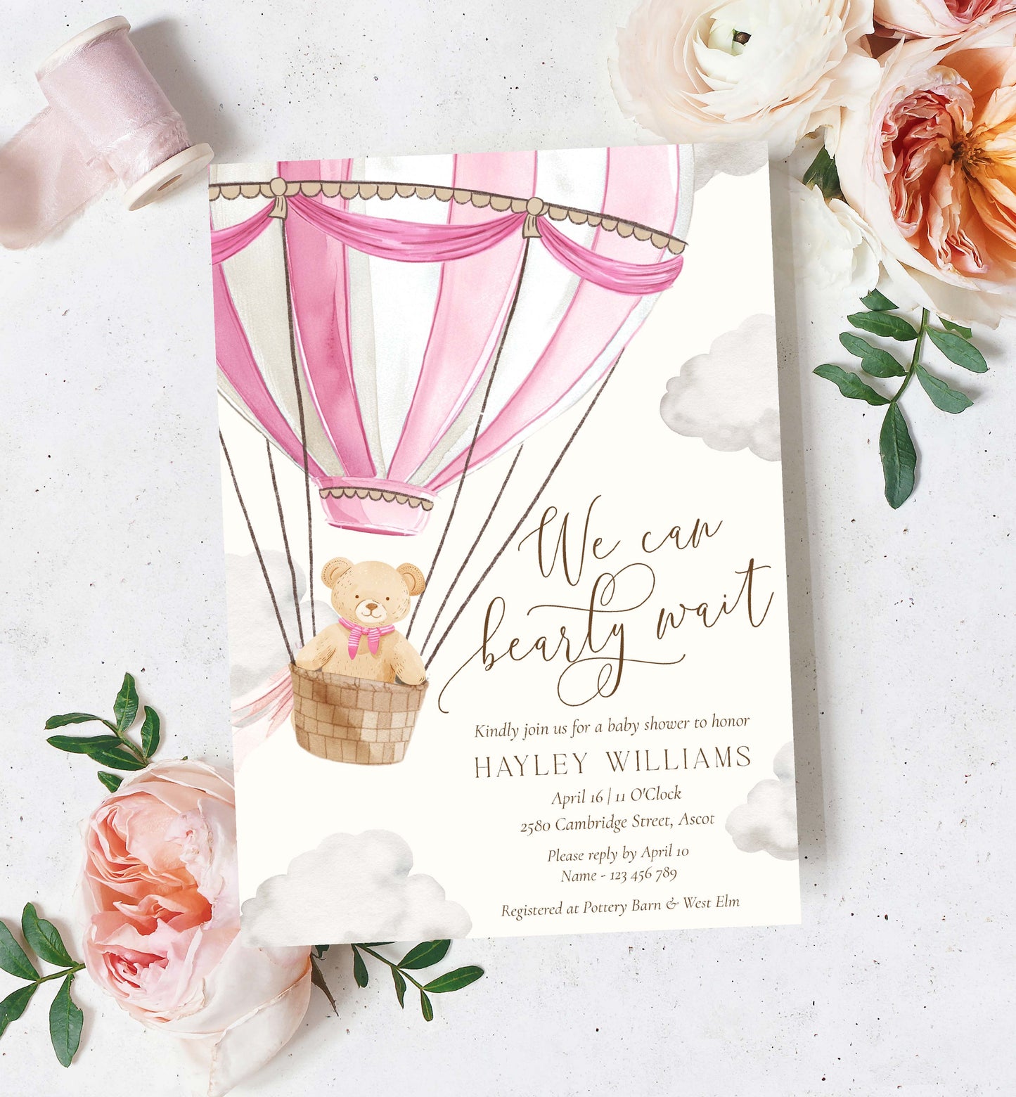 Printable Bearly Wait Baby Shower Invitation Template, Teddy Bear Girl Baby Shower, Pink Hot Air Balloon Baby Shower, Baby Shower Evite