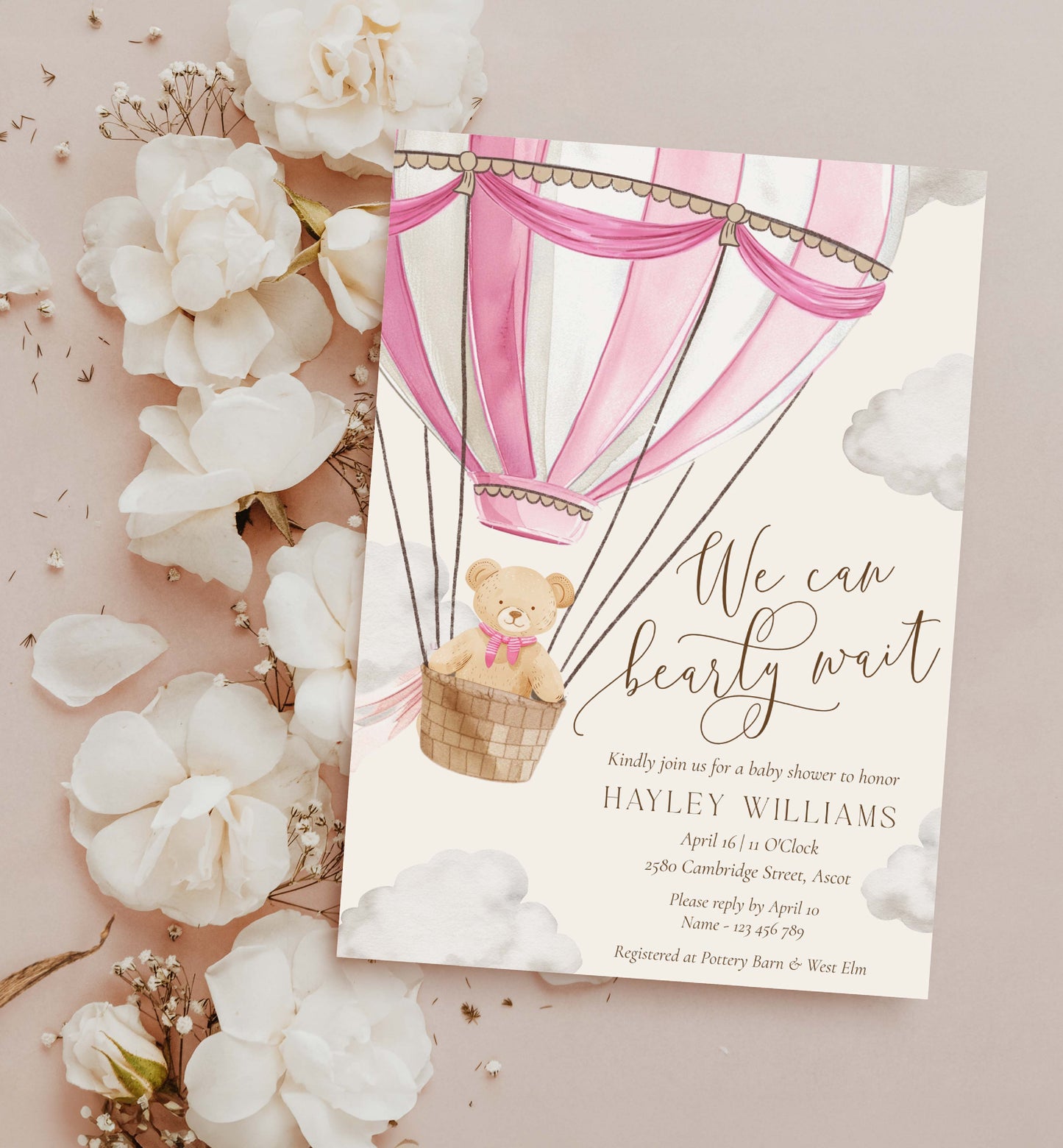 Printable Bearly Wait Baby Shower Invitation Template, Teddy Bear Girl Baby Shower, Pink Hot Air Balloon Baby Shower, Baby Shower Evite