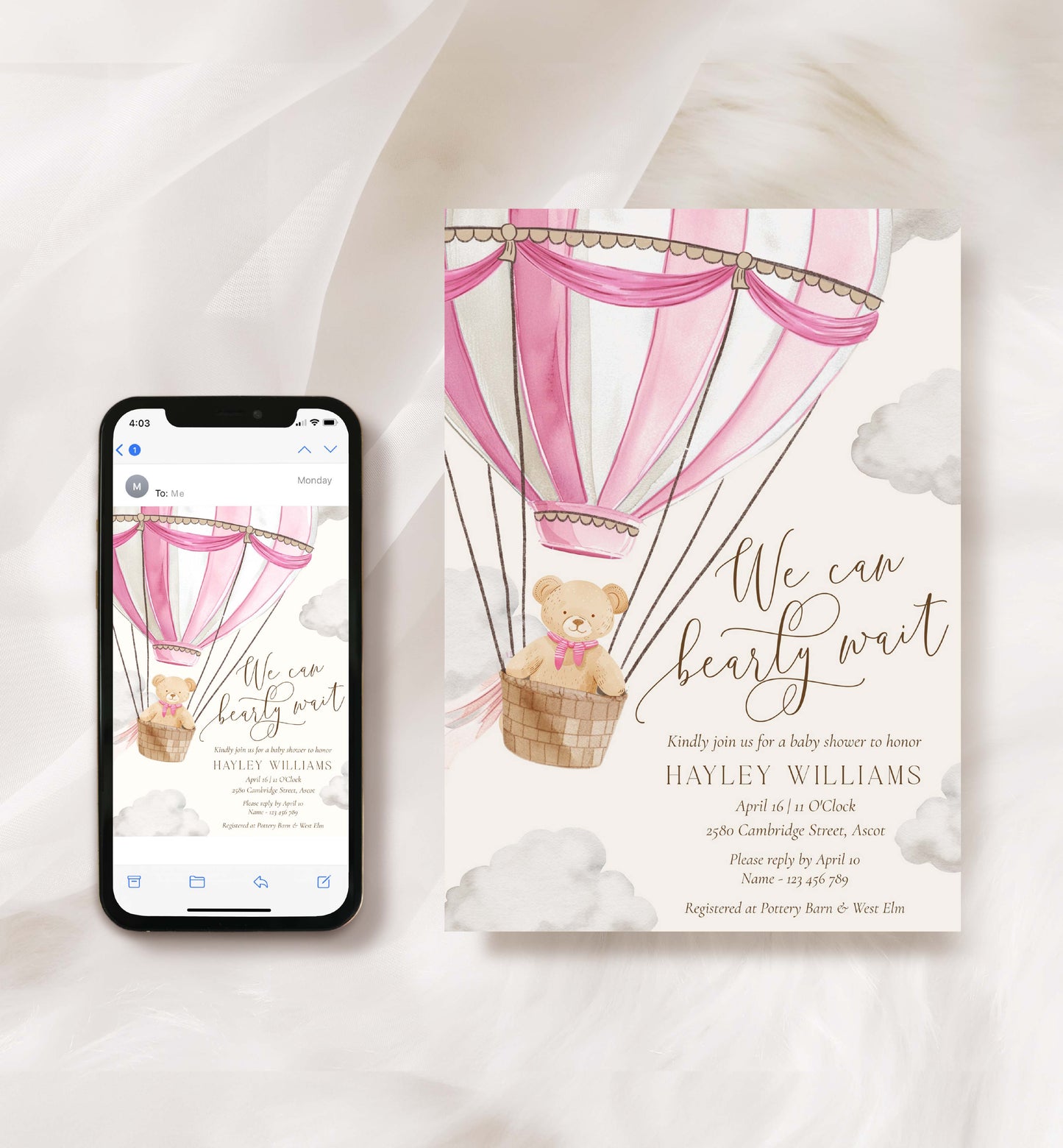 Printable Bearly Wait Baby Shower Invitation Template, Teddy Bear Girl Baby Shower, Pink Hot Air Balloon Baby Shower, Baby Shower Evite