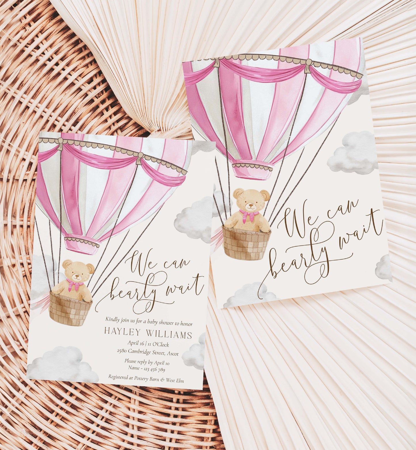 Printable Bearly Wait Baby Shower Invitation Template, Teddy Bear Girl Baby Shower, Pink Hot Air Balloon Baby Shower, Baby Shower Evite