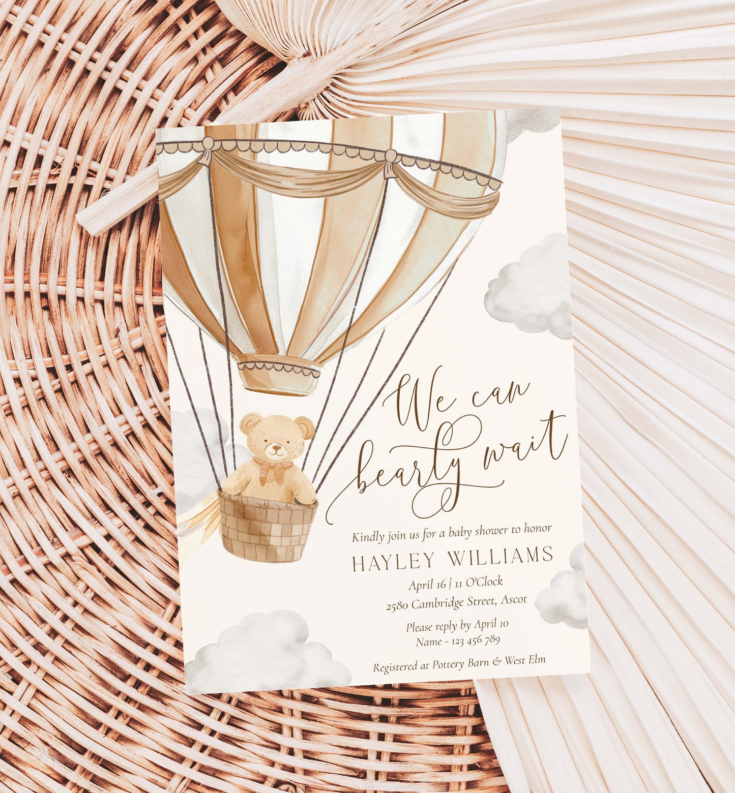 Printable Bearly Wait Baby Shower Invitation, Bear Tan Beige Balloons Baby Shower Invite, Gender Neutral Baby Bear Invite, Hot Air Balloon