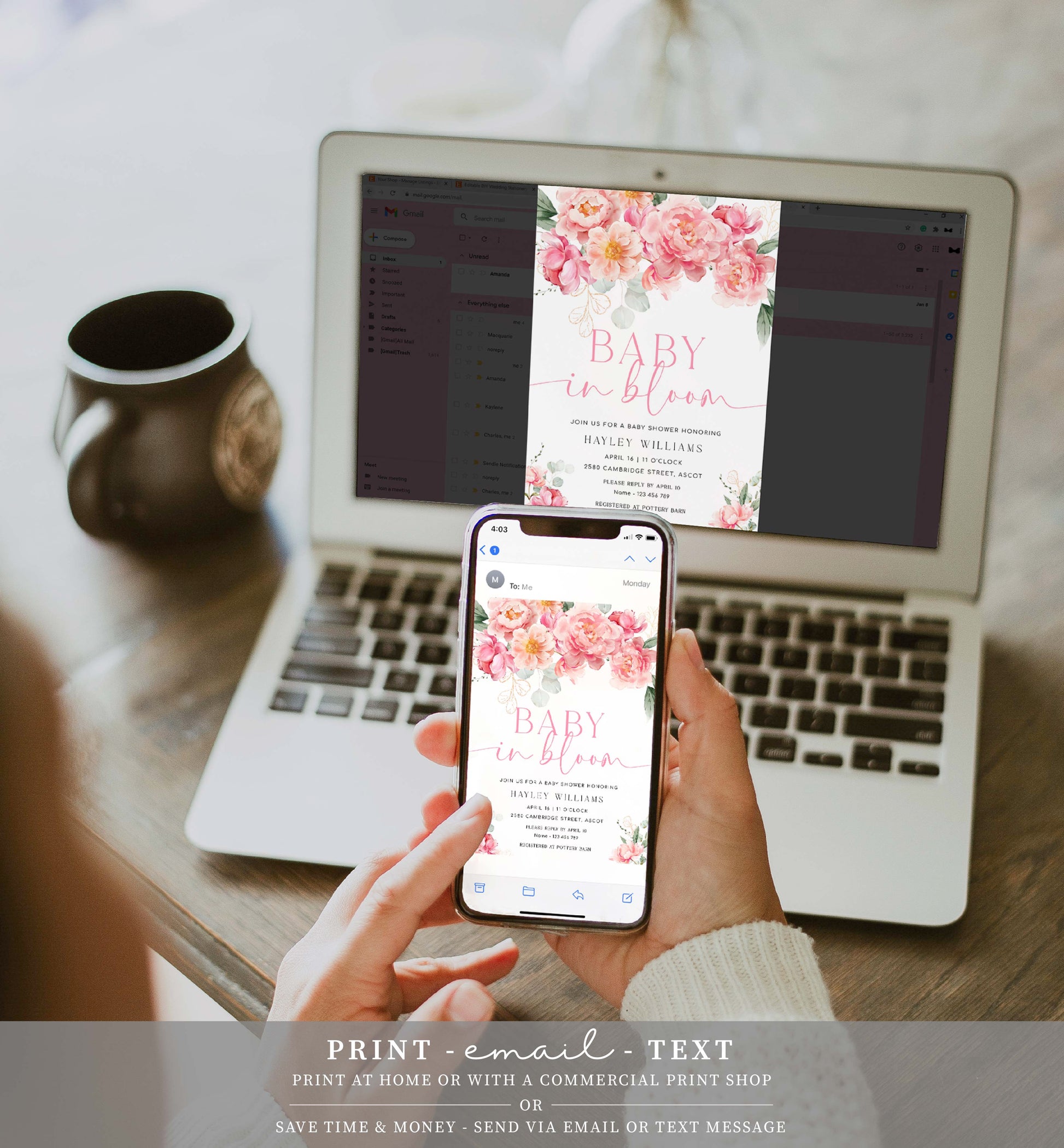 Printable Baby In Bloom Invitation, Book Request, Raffle Ticket, Thank You Card, Hot Pink Peony, Spring Floral Girl Baby Shower Evite, Piper