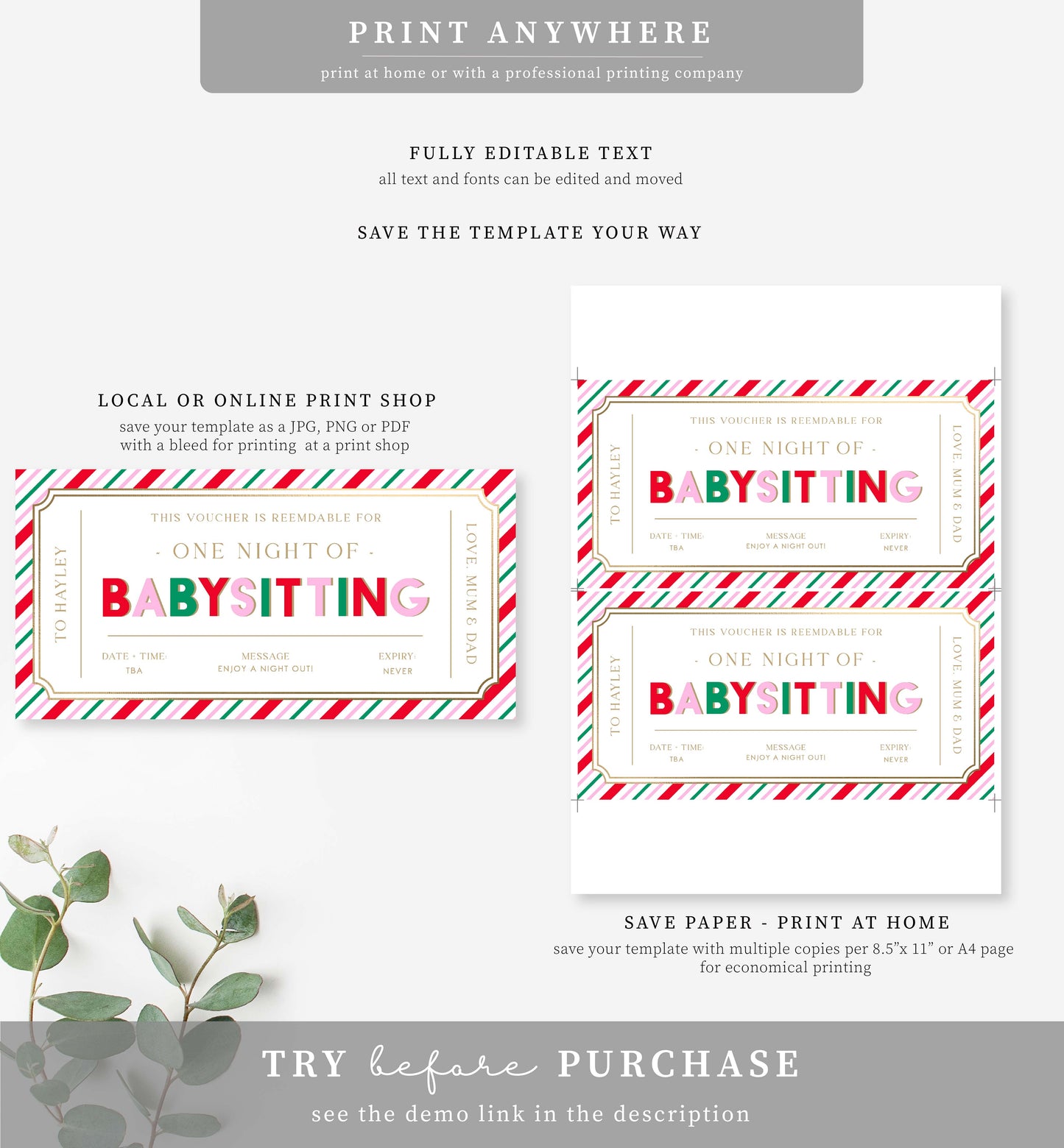 Stripe Pink Multi | Printable Babysitting Gift Voucher Template