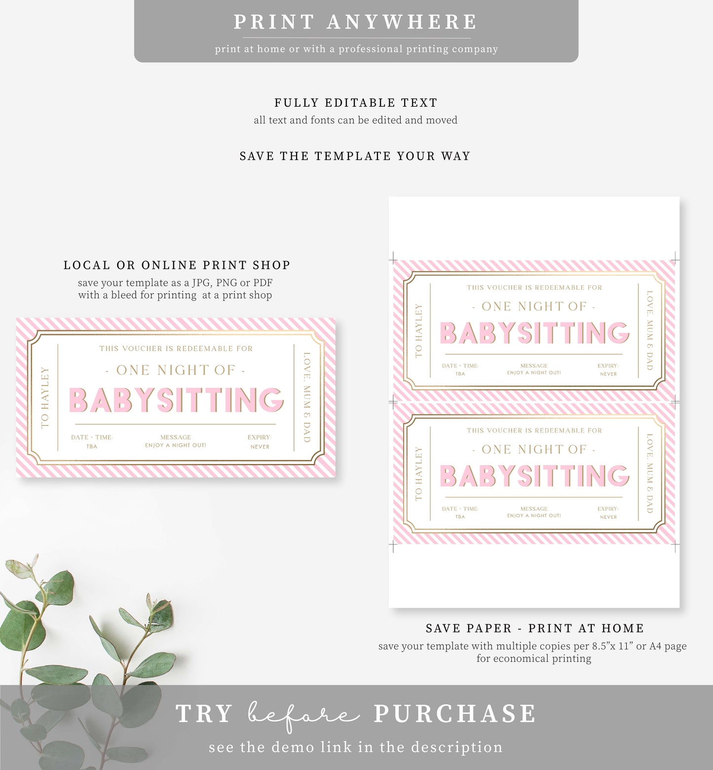 Stripe Pink | Printable Babysitting Gift Voucher Template