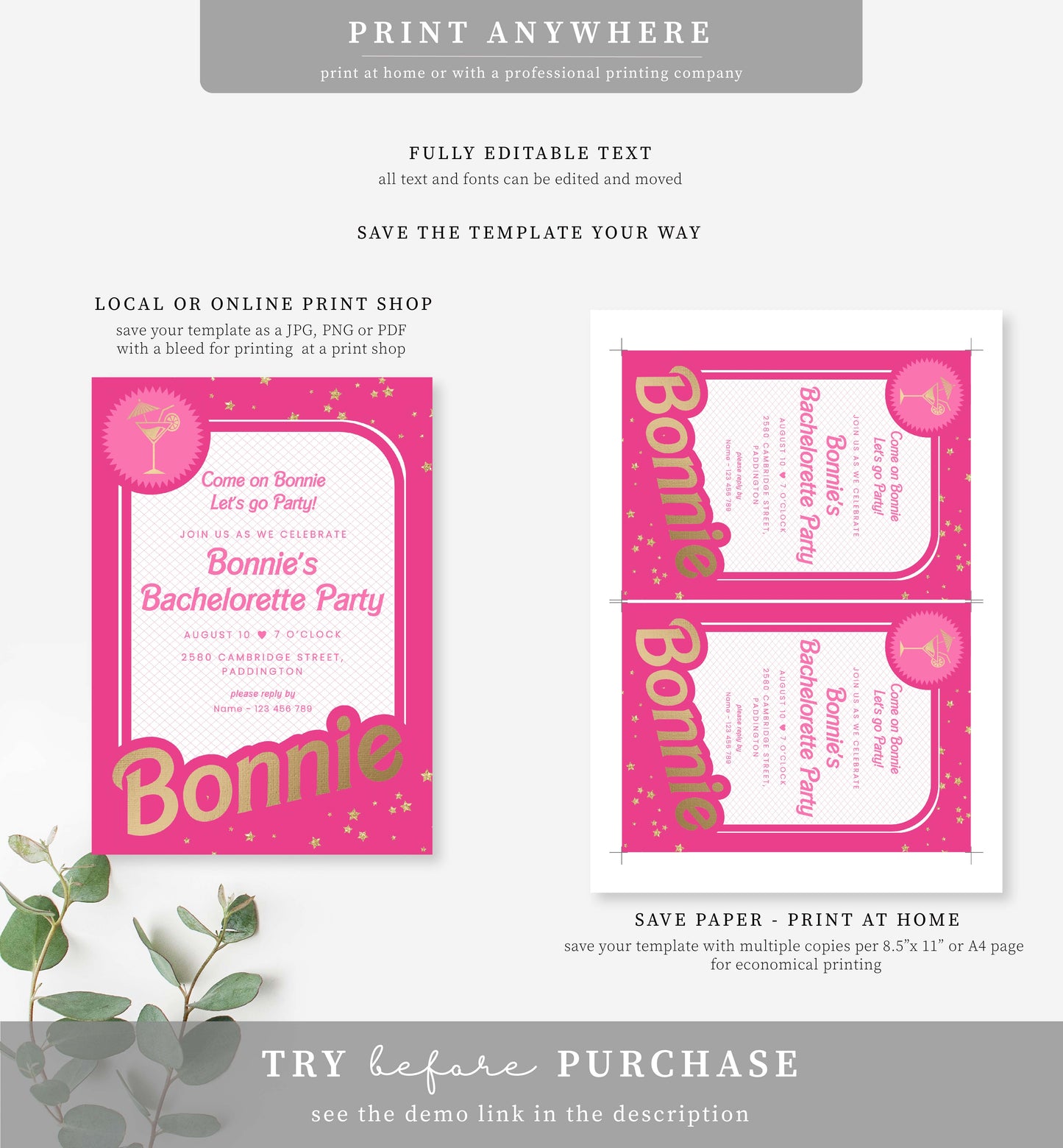 Barbie Party Hot Pink Gold | Printable Bachelorette Party Invitation Template