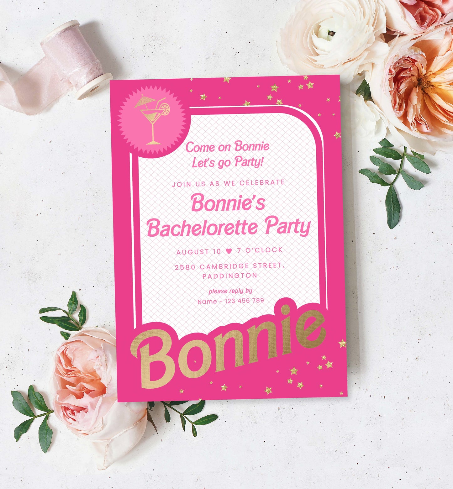 Barbie Party Hot Pink Gold | Printable Bachelorette Party Invitation Template