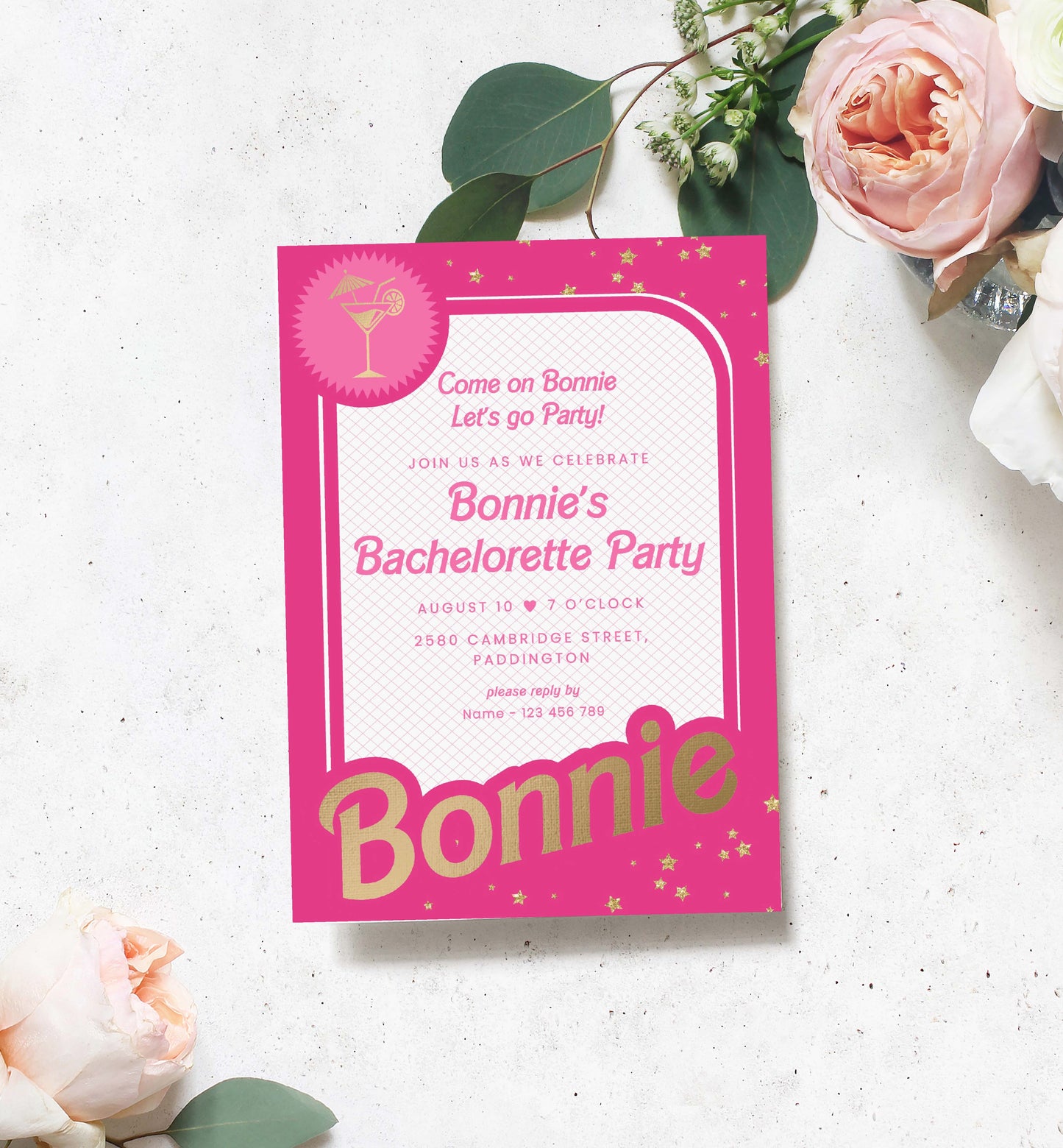 Barbie Party Hot Pink Gold | Printable Bachelorette Party Invitation Template