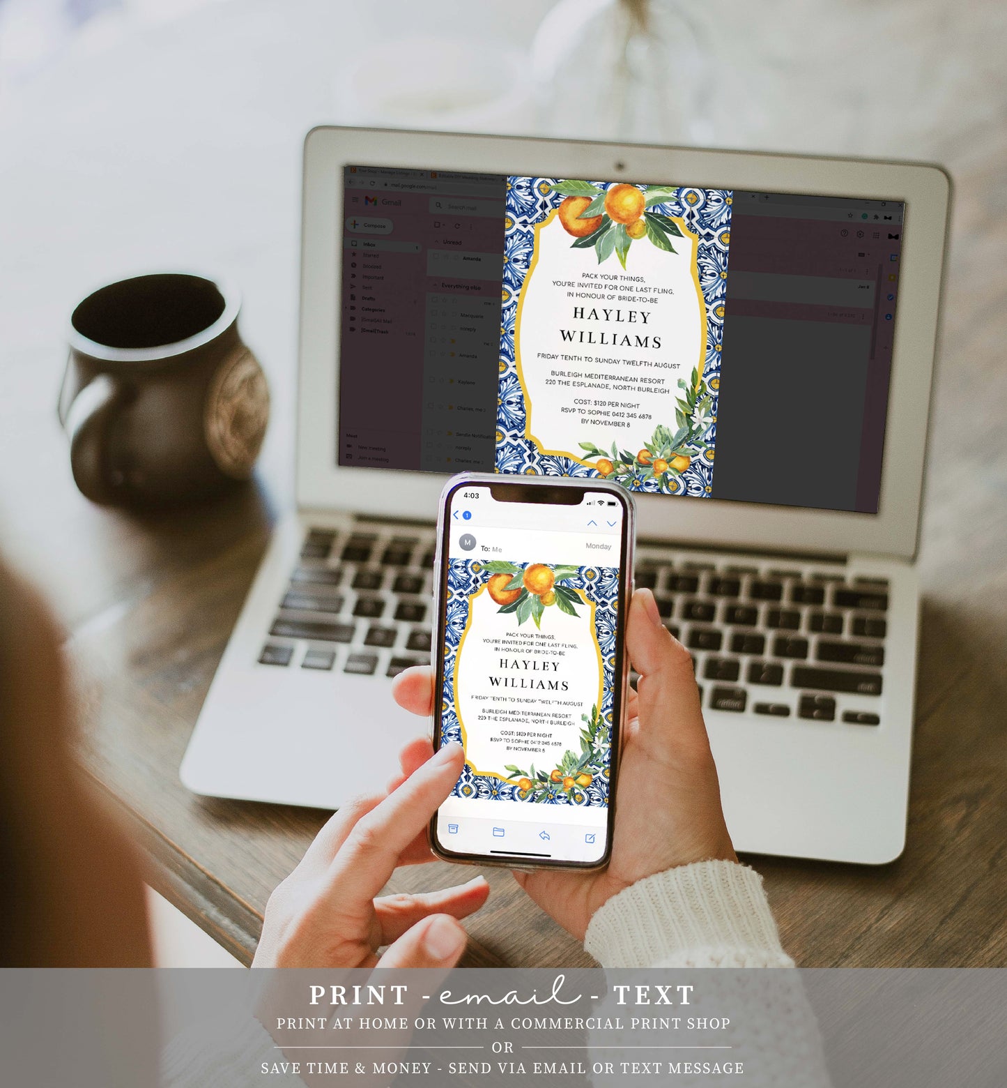 Bachelorette Weekend Invitation, Weekend Itinerary, Printable Hens Party Invite Itinerary, Positano Blue Tile, Orange, Bridal Shower Invite