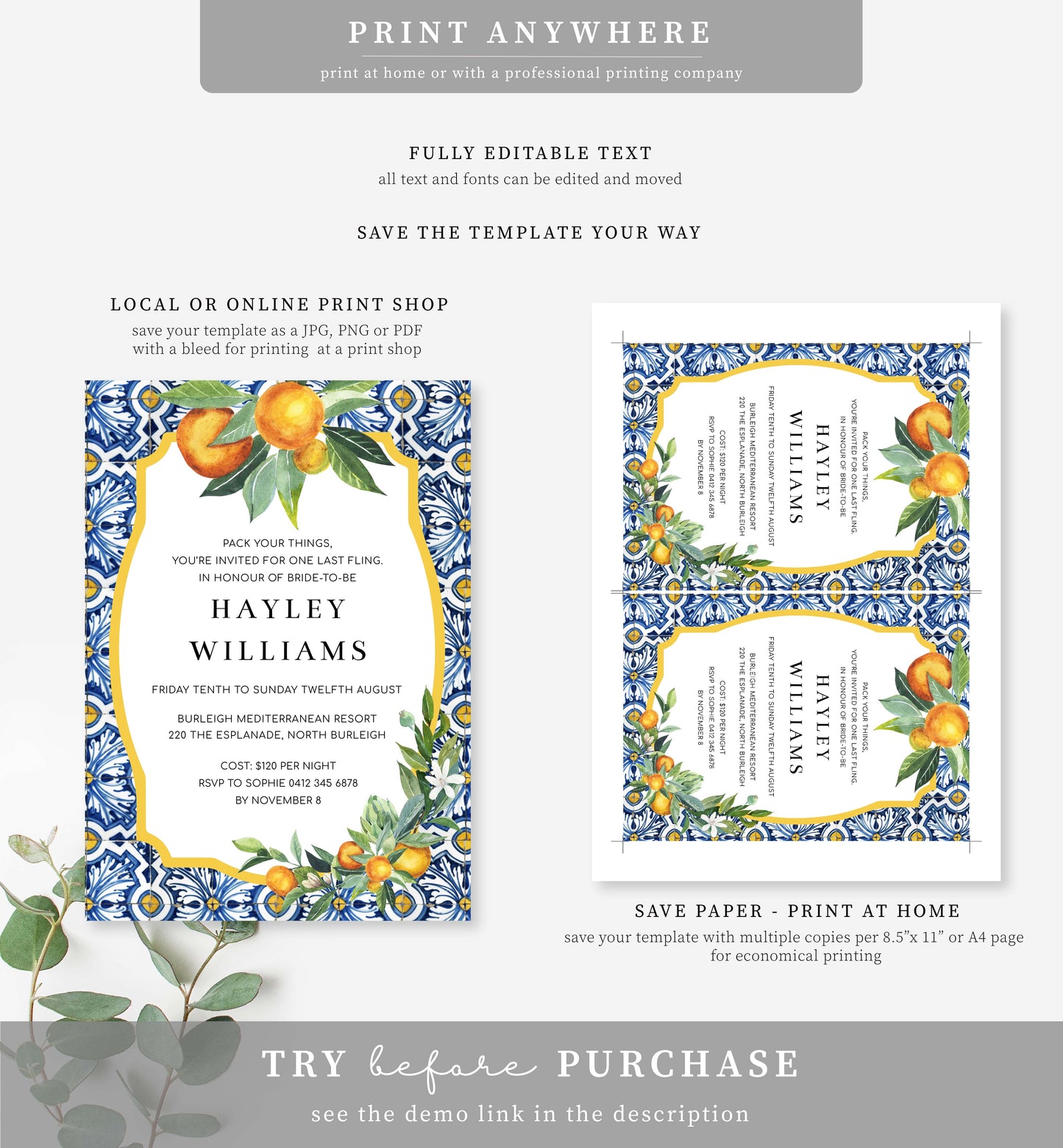 Positano Orange | Printable Bachelorette Weekend Invitation Suite Template