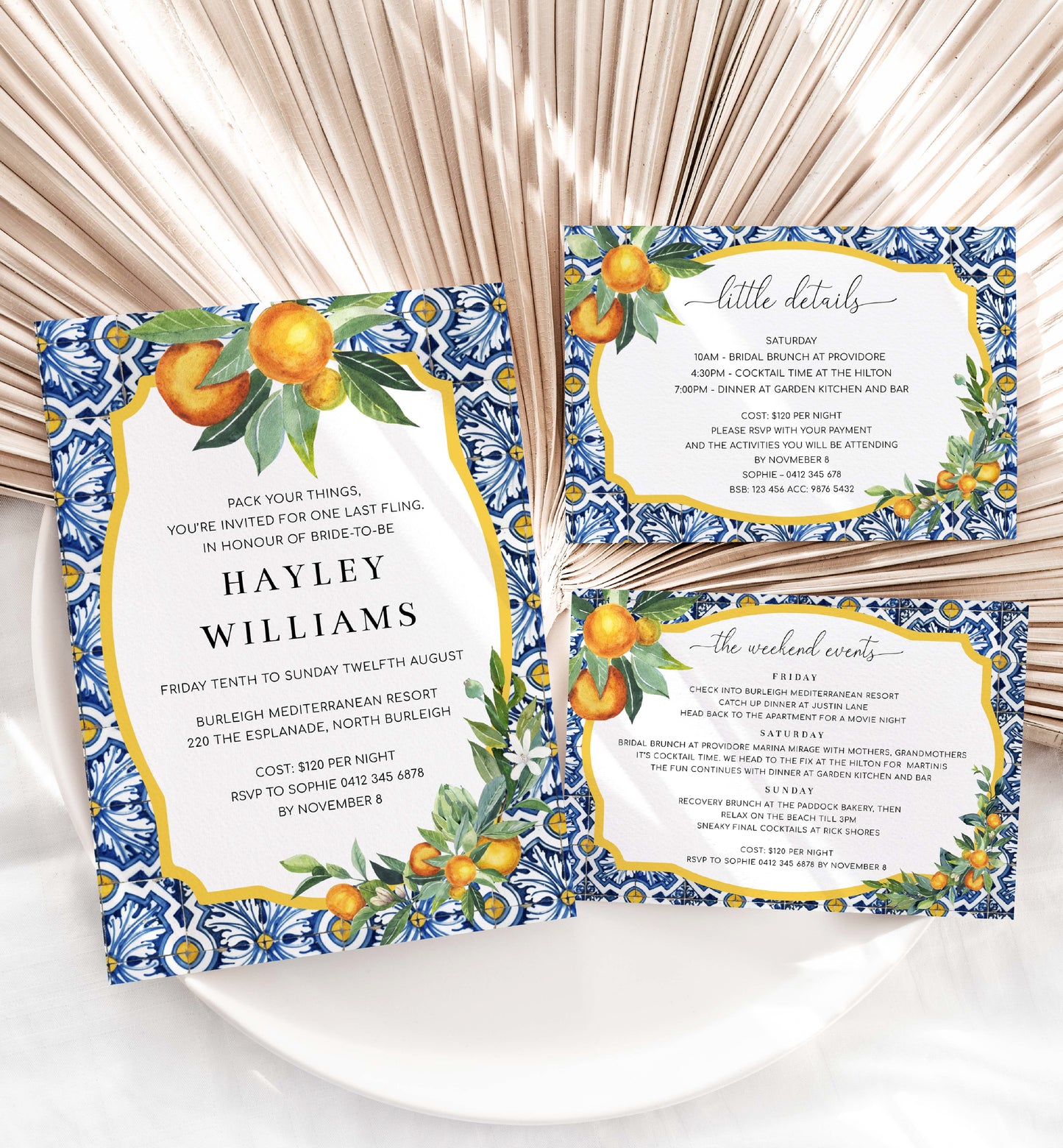 Bachelorette Weekend Invitation, Weekend Itinerary, Printable Hens Party Invite Itinerary, Positano Blue Tile, Orange, Bridal Shower Invite