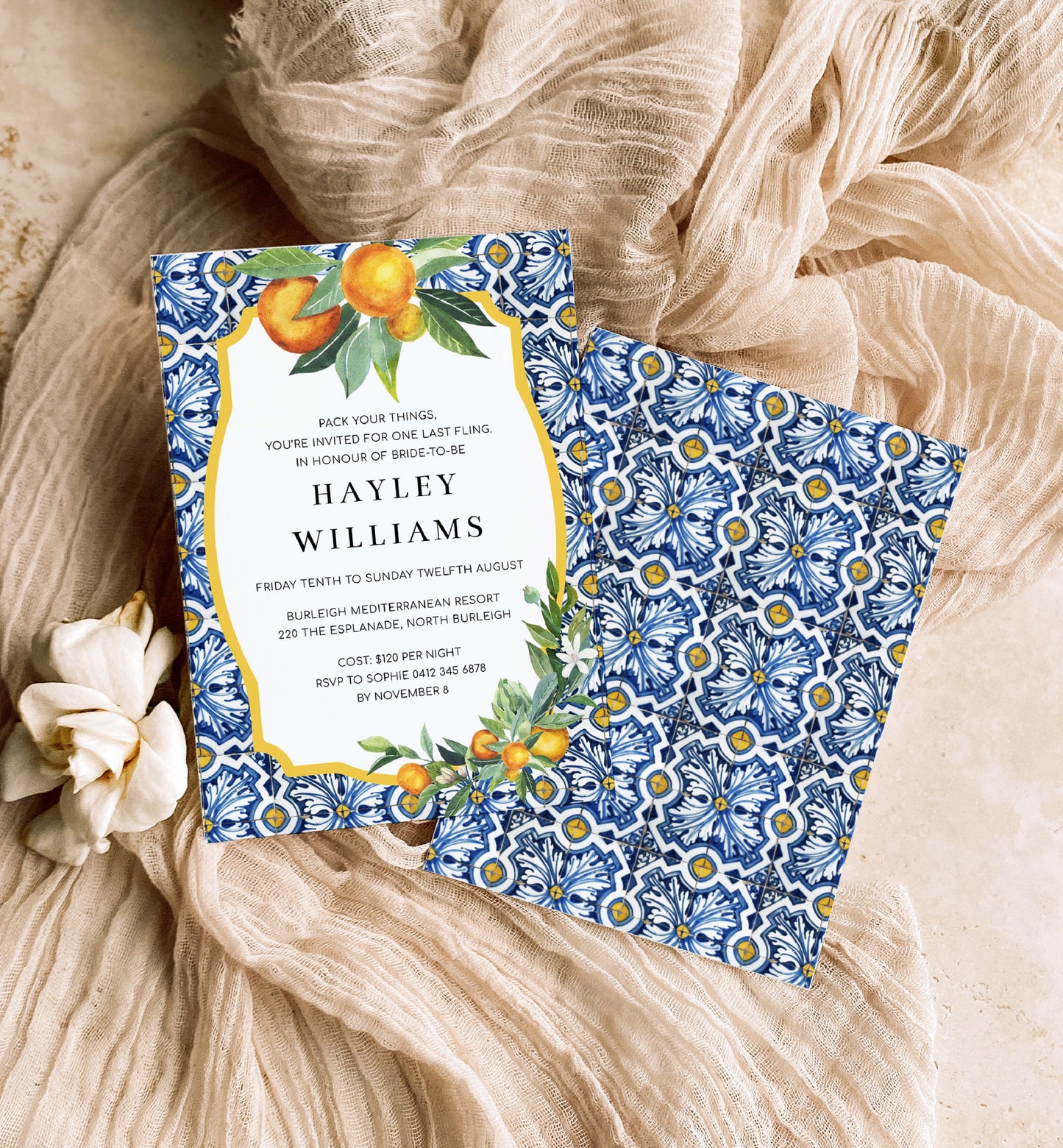Bachelorette Weekend Invitation, Weekend Itinerary, Printable Hens Party Invite Itinerary, Positano Blue Tile, Orange, Bridal Shower Invite