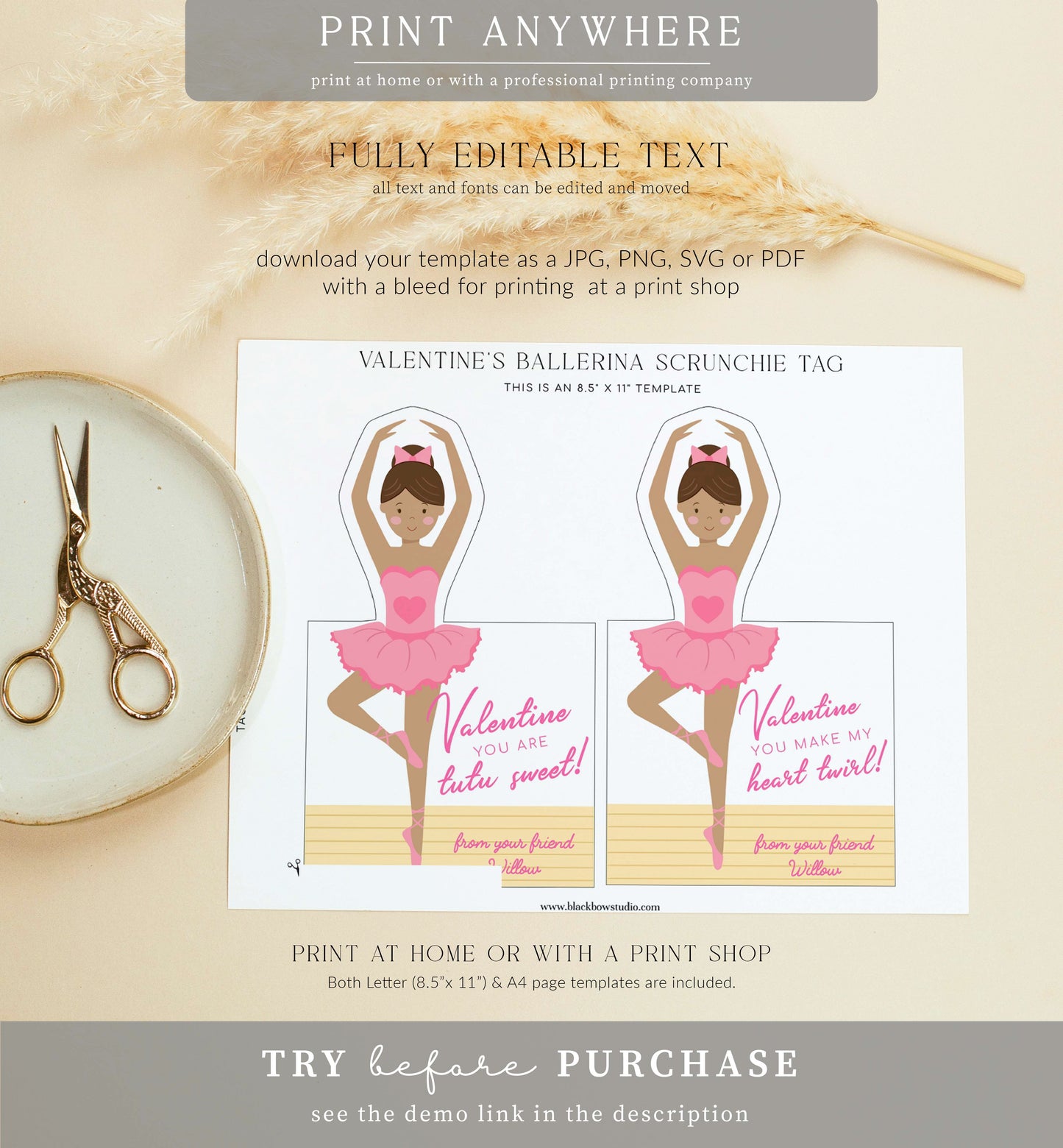 Ballerina | Printable Valentine's Day Scrunchie Tag Template