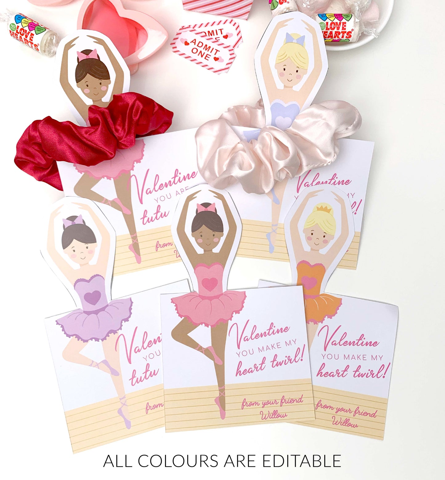 Printable Valentine's Day Scrunchie Tag Template, Ballerina Valentine's Day Hair Tie Gift Tag, Kids Classroom Valentine's Day Gift