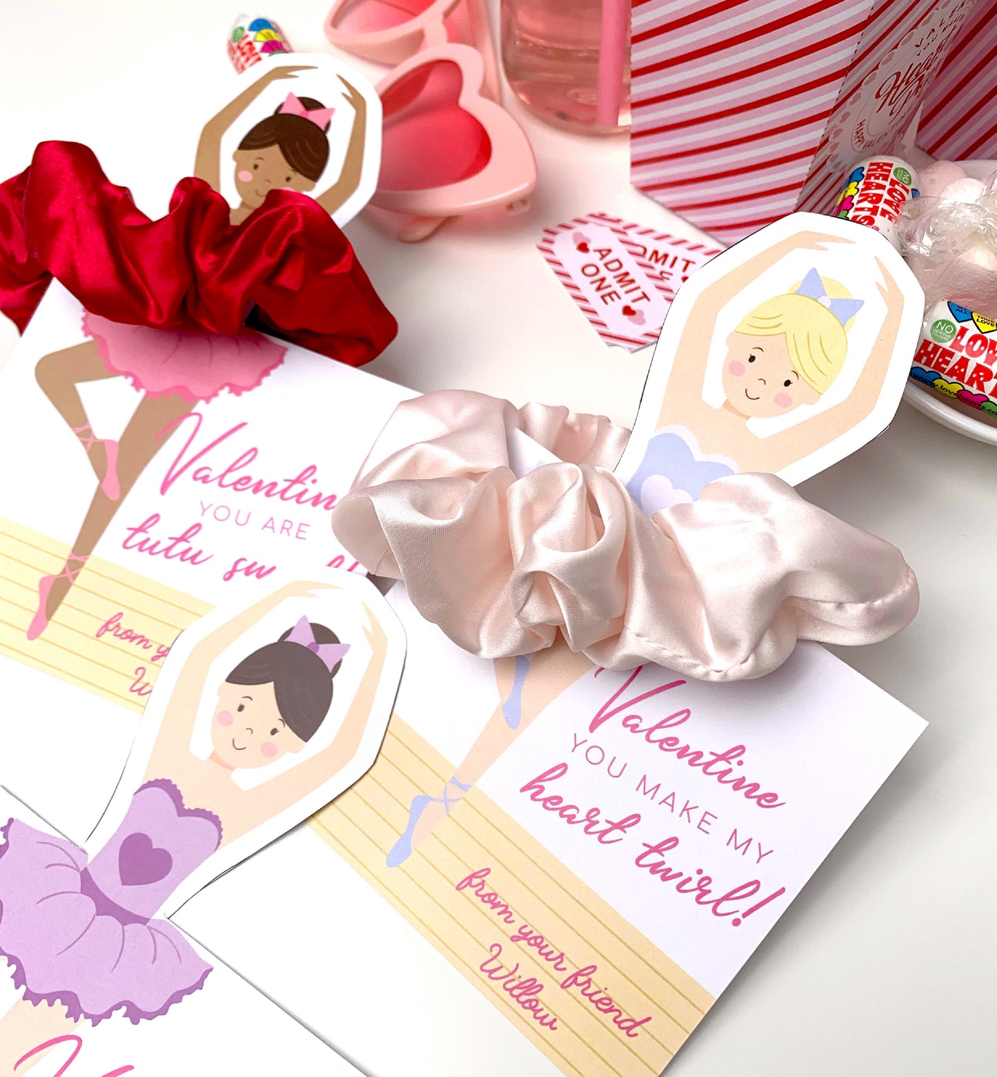 Printable Valentine's Day Scrunchie Tag Template, Ballerina Valentine's Day Hair Tie Gift Tag, Kids Classroom Valentine's Day Gift