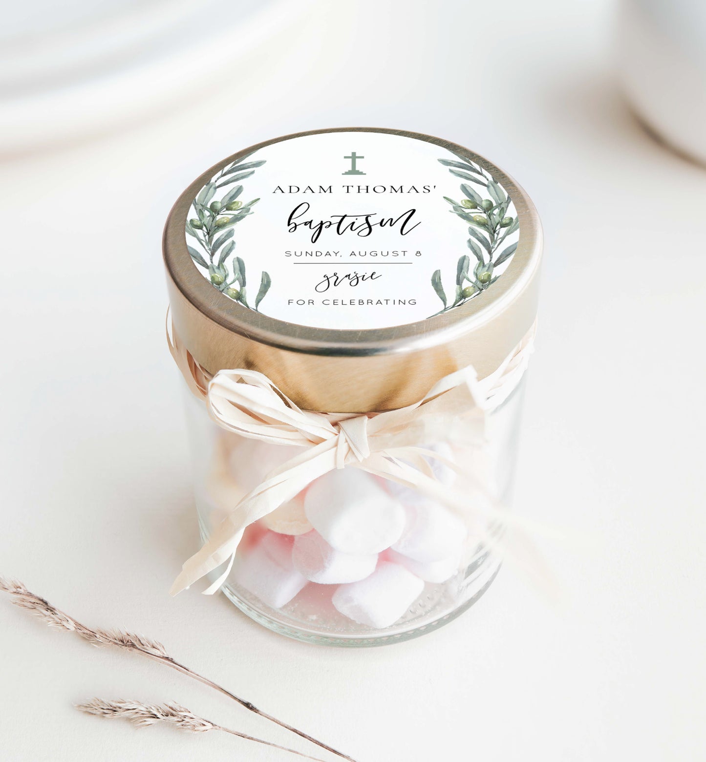 Printable Baptism Thank You Tag, Italian Olive Leaves Grazie Favor Tag Template, Boy Christening Thank You Favor Tag, Olive Grove