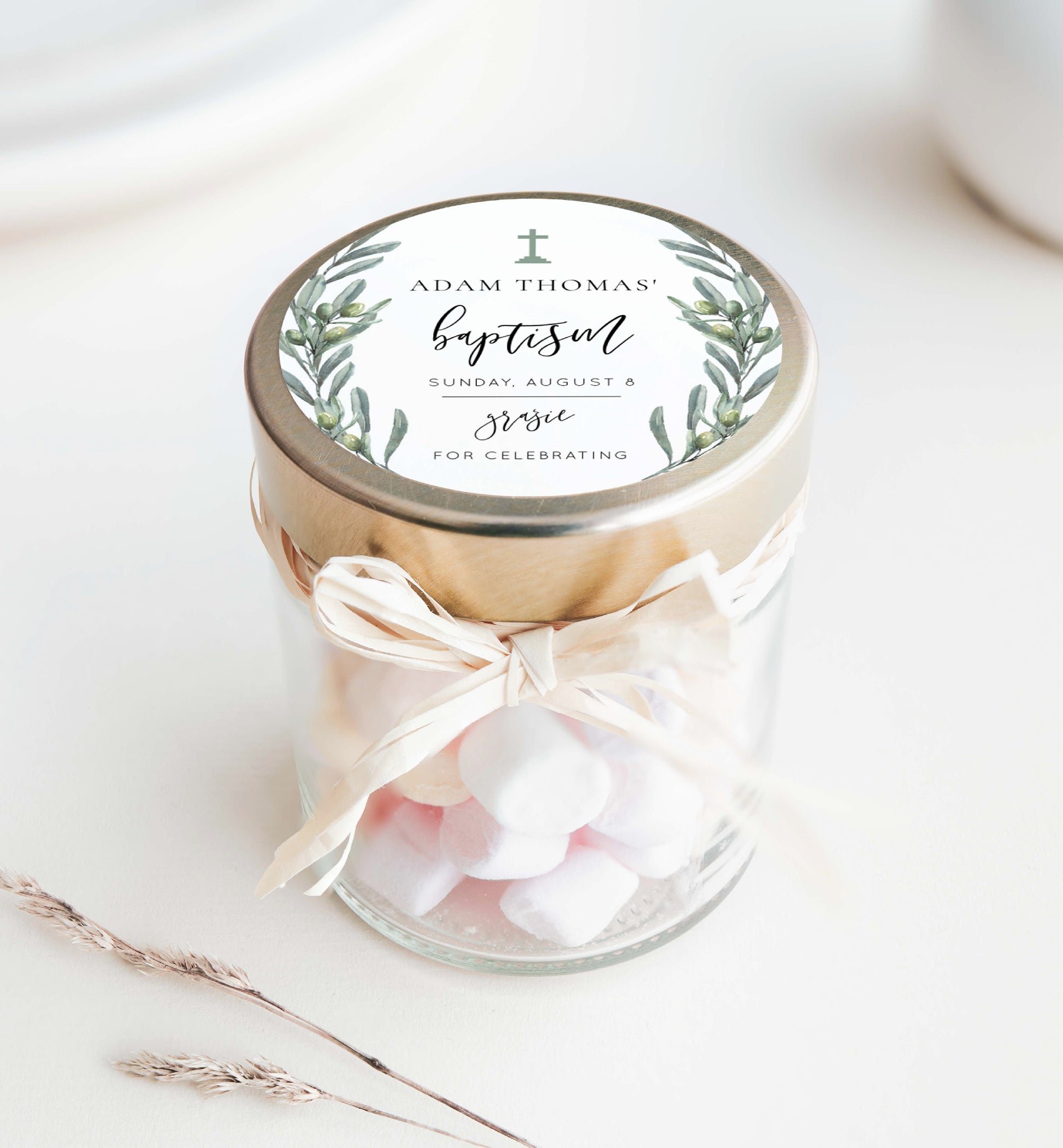 Printable Baptism Thank You Tag, Italian Olive Leaves Grazie Favor Tag Template, Boy Christening Thank You Favor Tag, Olive Grove
