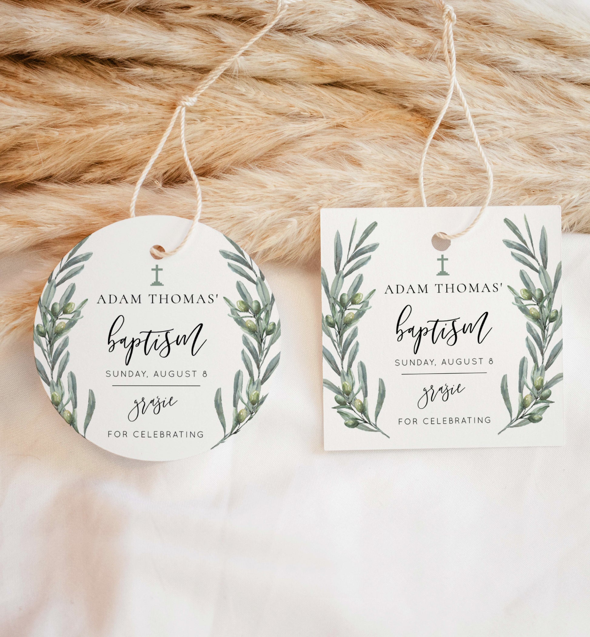 Printable Baptism Thank You Tag, Italian Olive Leaves Grazie Favor Tag Template, Boy Christening Thank You Favor Tag, Olive Grove