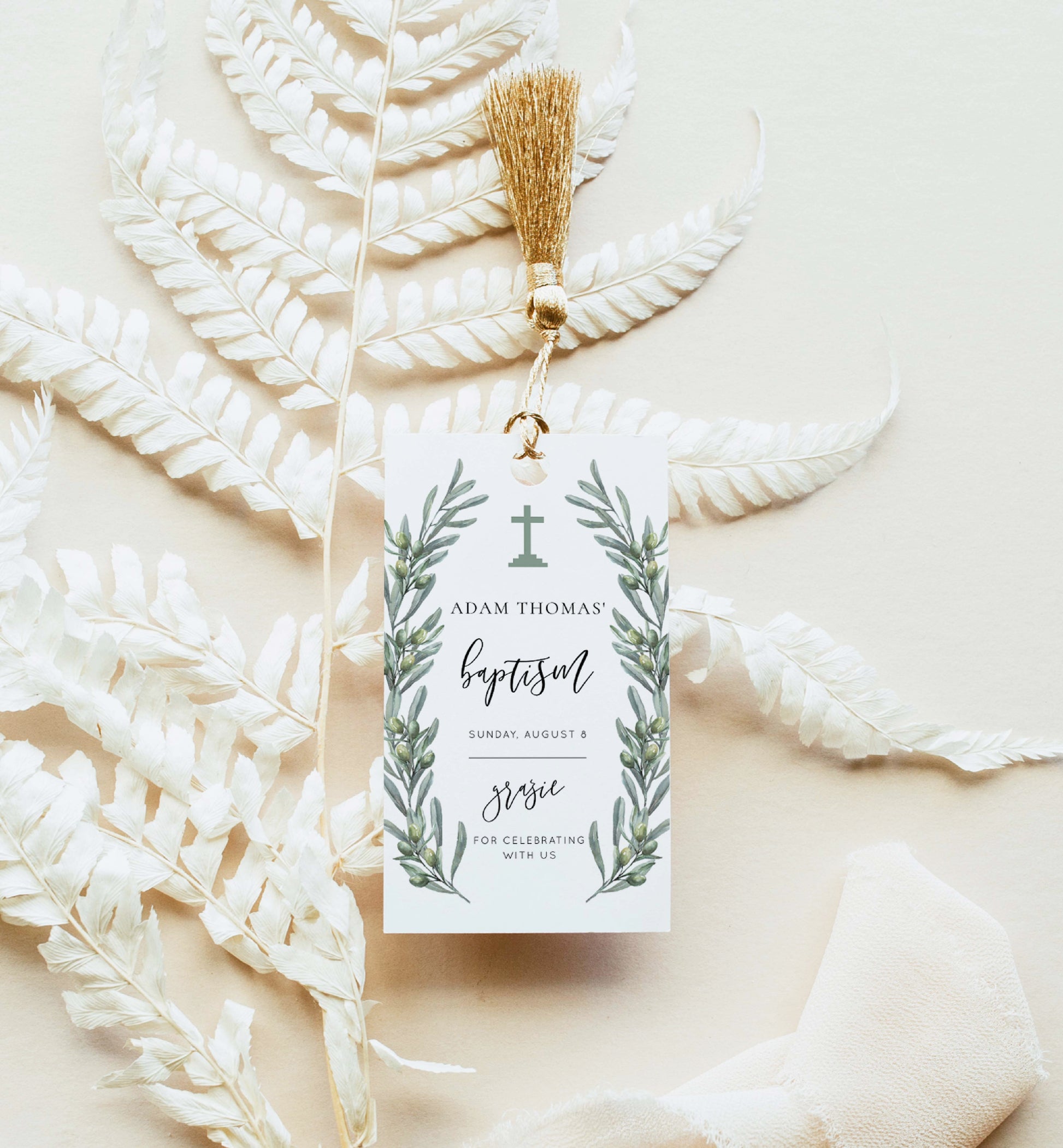 Printable Baptism Thank You Tag, Italian Olive Leaves Grazie Favor Tag Template, Boy Christening Thank You Favor Tag, Olive Grove