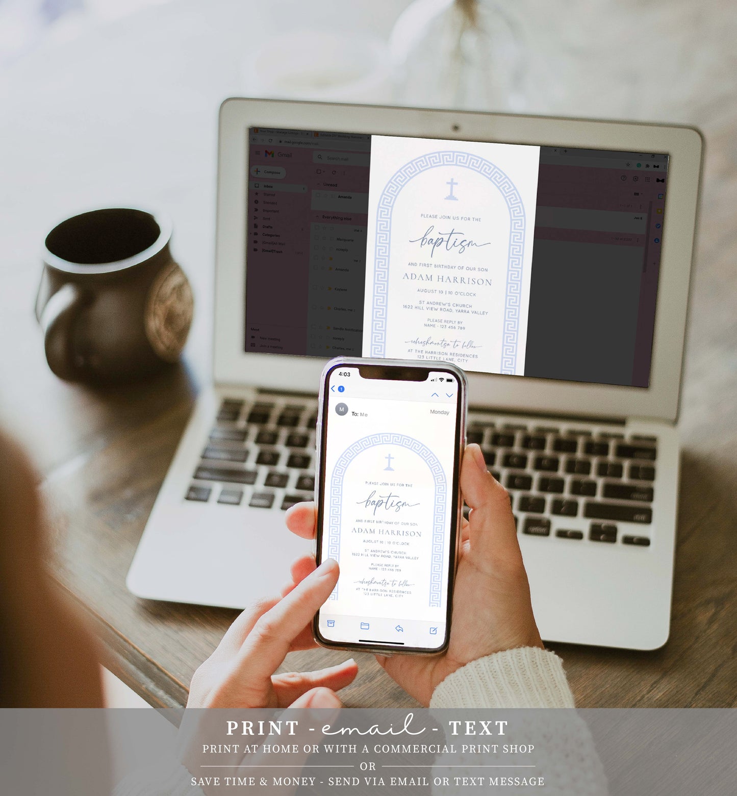 Printable Baptism Invitation Template, Greek Key, Arch, Blue Boy First Birthday Printable Invitation, Editable Christening Invitation