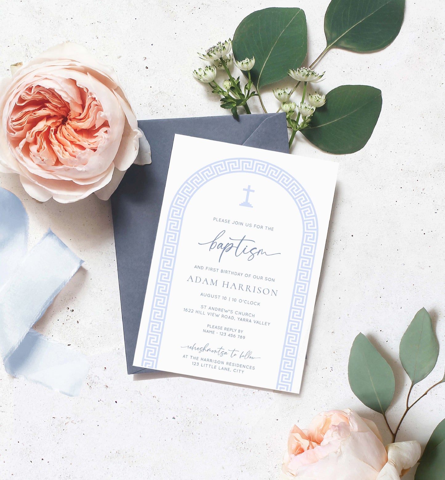 Printable Baptism Invitation Template, Greek Key, Arch, Blue Boy First Birthday Printable Invitation, Editable Christening Invitation