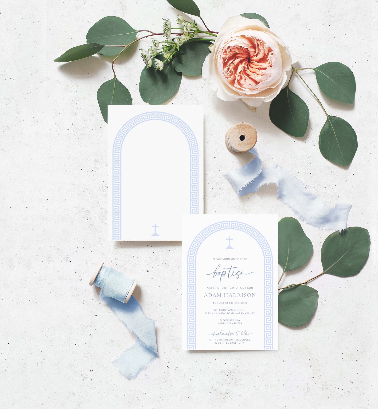 Printable Baptism Invitation Template, Greek Key, Arch, Blue Boy First Birthday Printable Invitation, Editable Christening Invitation
