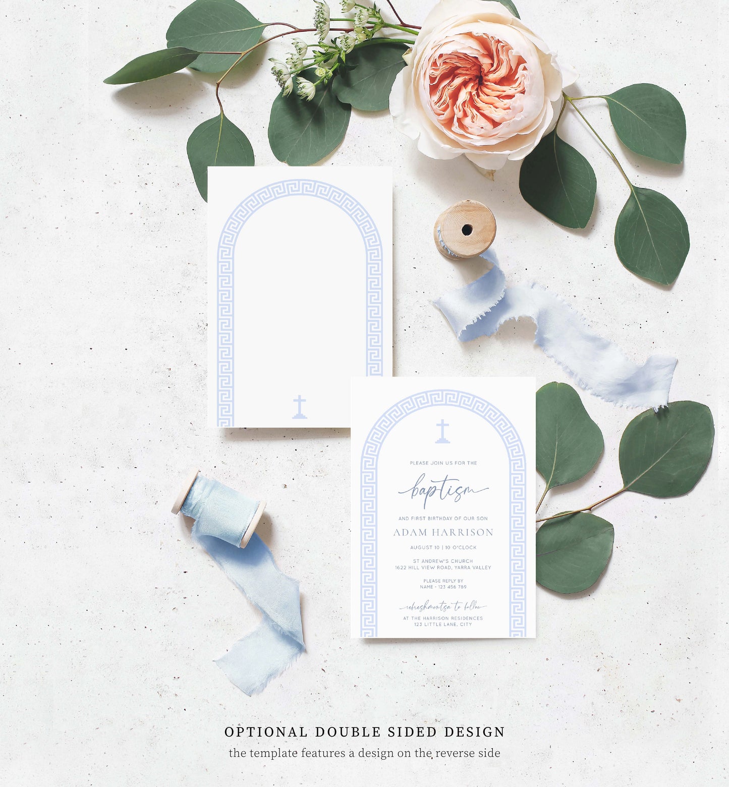 Printable Baptism Invitation Template, Greek Key, Arch, Blue Boy First Birthday Printable Invitation, Editable Christening Invitation