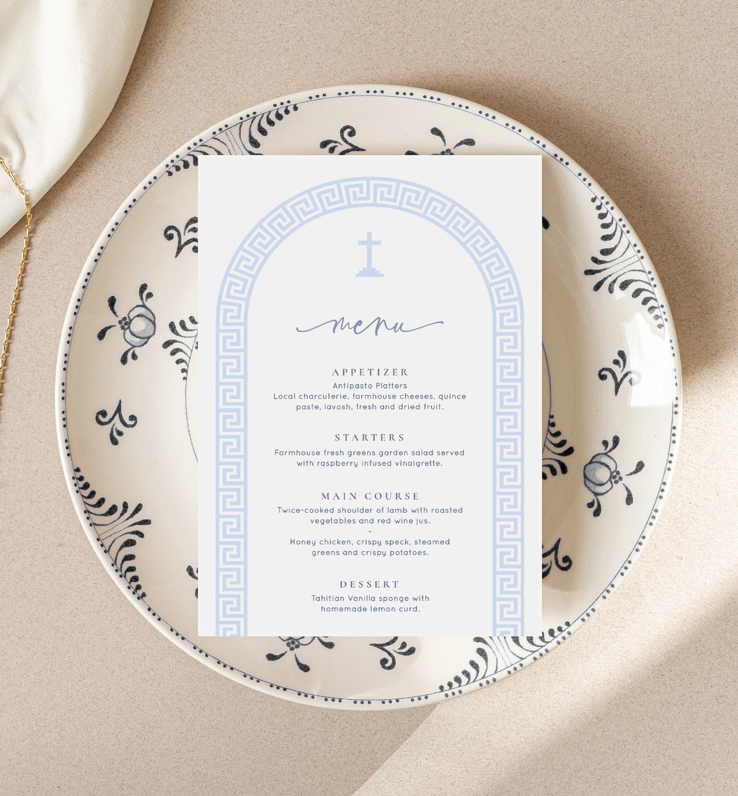 Greek Key Arch White | Printable Baptism Menu Template