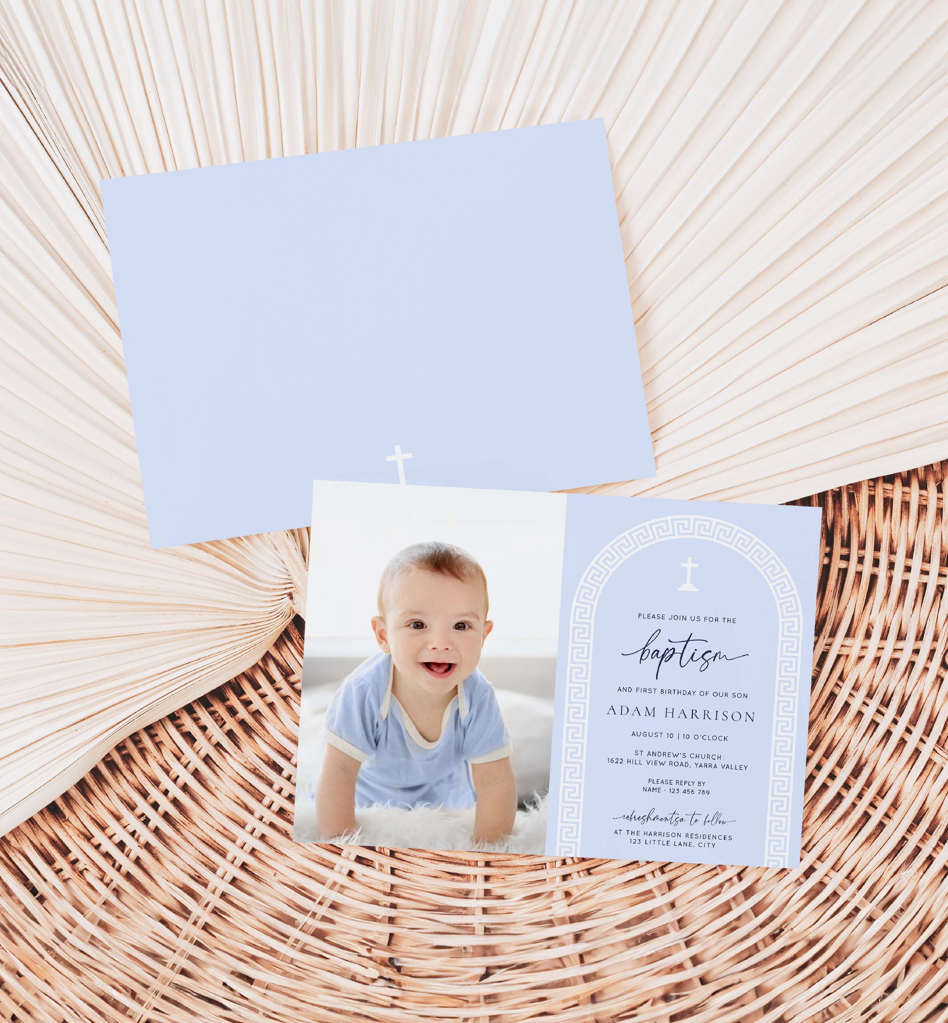 Printable Photo Baptism Invitation Template, Greek Key, Arch, Blue Boy First Birthday Printable Invitation, Editable Christening Invitation