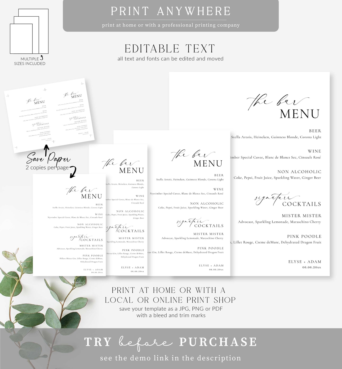 Ellesmere White | Printable Bar Menu Sign Template