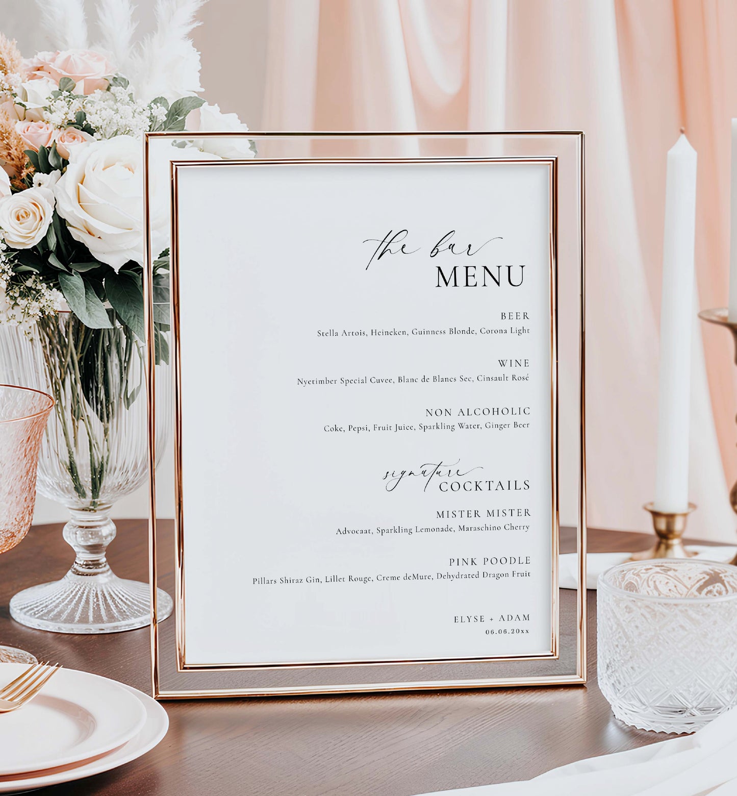 The Bar Menu Sign, Printable Wedding Bar Menu Template, Minimalist Wedding Bar Menu, Simple Elegant Wedding Drinks Menu, Ellesmere