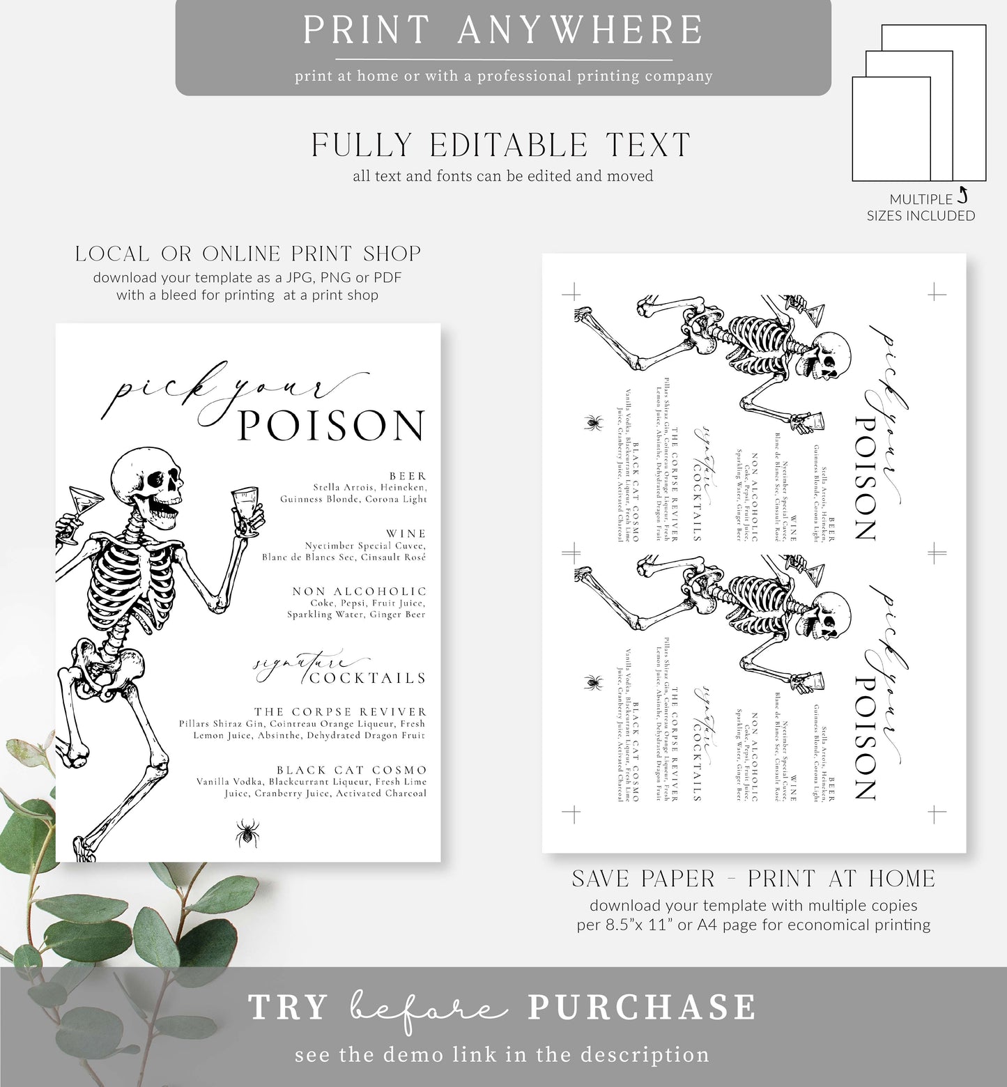 Halloween | Printable Pick Your Poison Bar Menu Sign Template