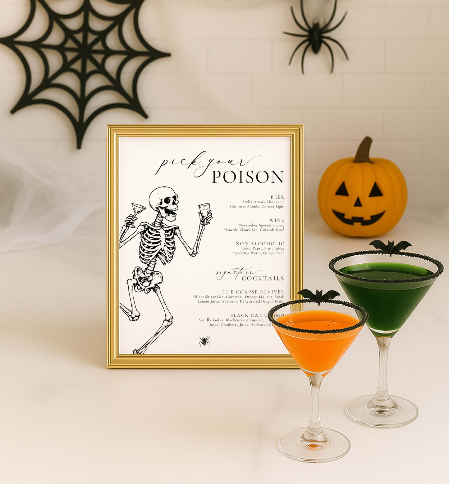 Halloween-themed cocktail menu with skeleton illustration, two cocktails, and decorative elements. Printable Pick Your Poison Bar Menu, Halloween Drinks Menu, Halloween Costume Cocktail Menu, Skeletons, Adults Halloween Party