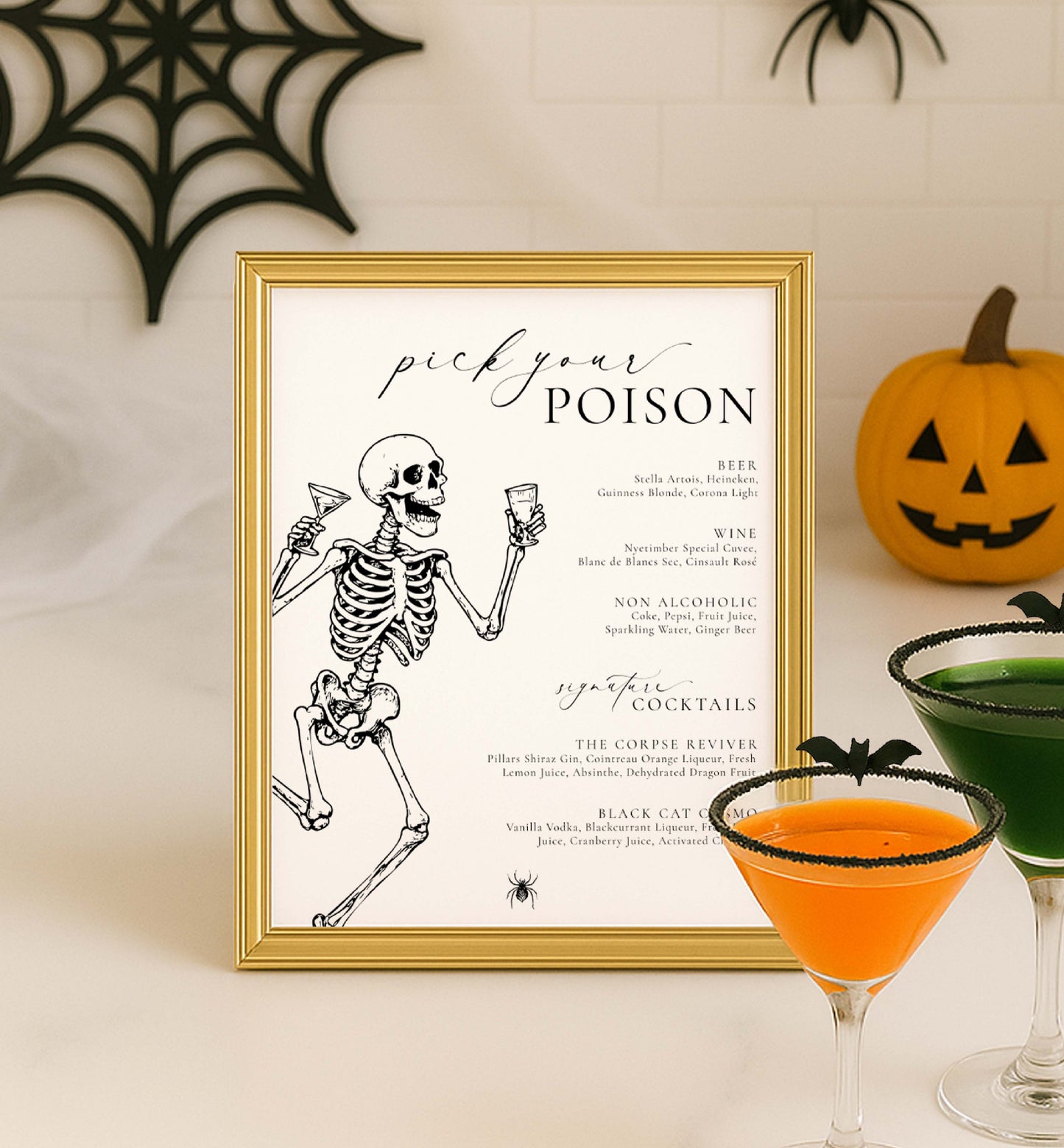 Halloween-themed cocktail menu with skeleton design, framed on a table with drinks and decorations. Printable Pick Your Poison Bar Menu, Halloween Drinks Menu, Halloween Costume Cocktail Menu, Skeletons, Adults Halloween Party