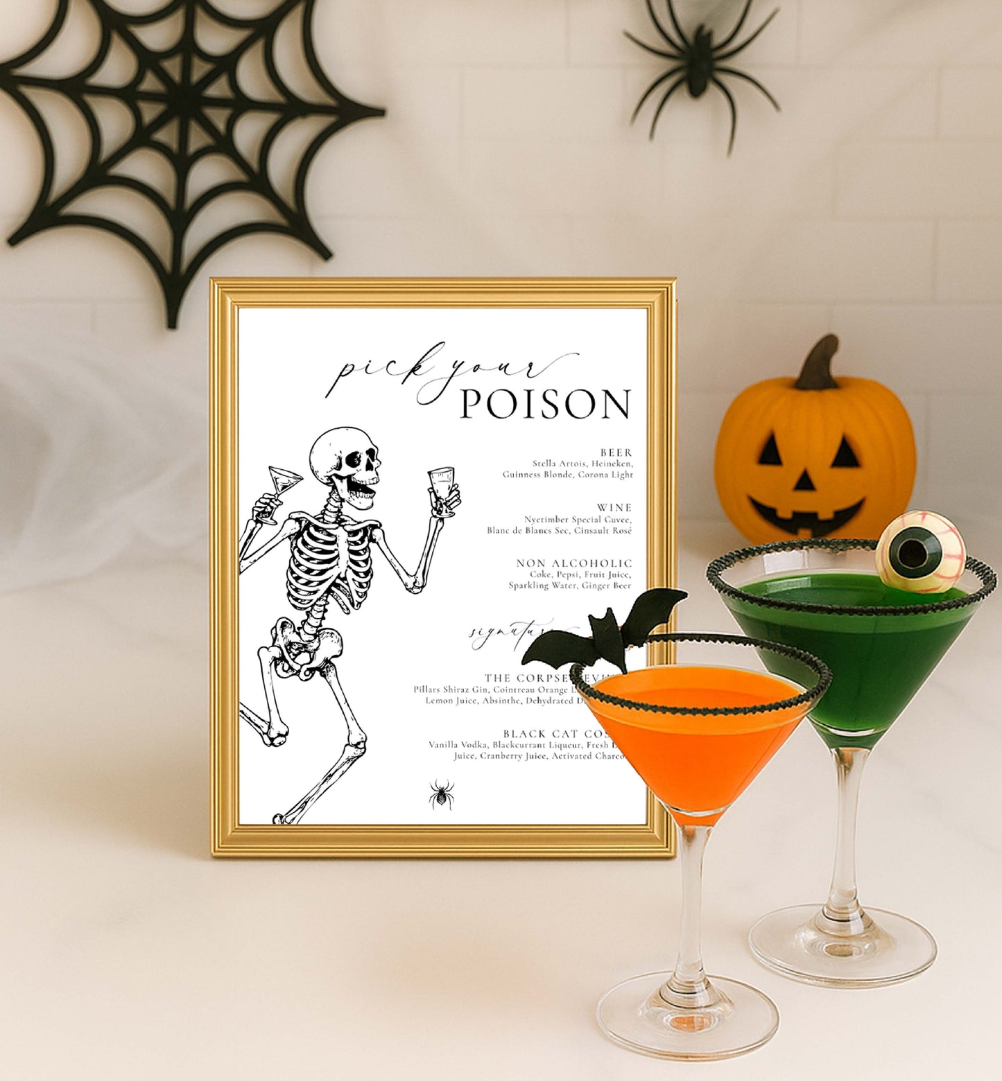 Halloween-themed cocktail menu with skeleton illustration, cocktails, and decorative elements. Printable Pick Your Poison Bar Menu, Halloween Drinks Menu, Halloween Costume Cocktail Menu, Skeletons, Adults Halloween Party