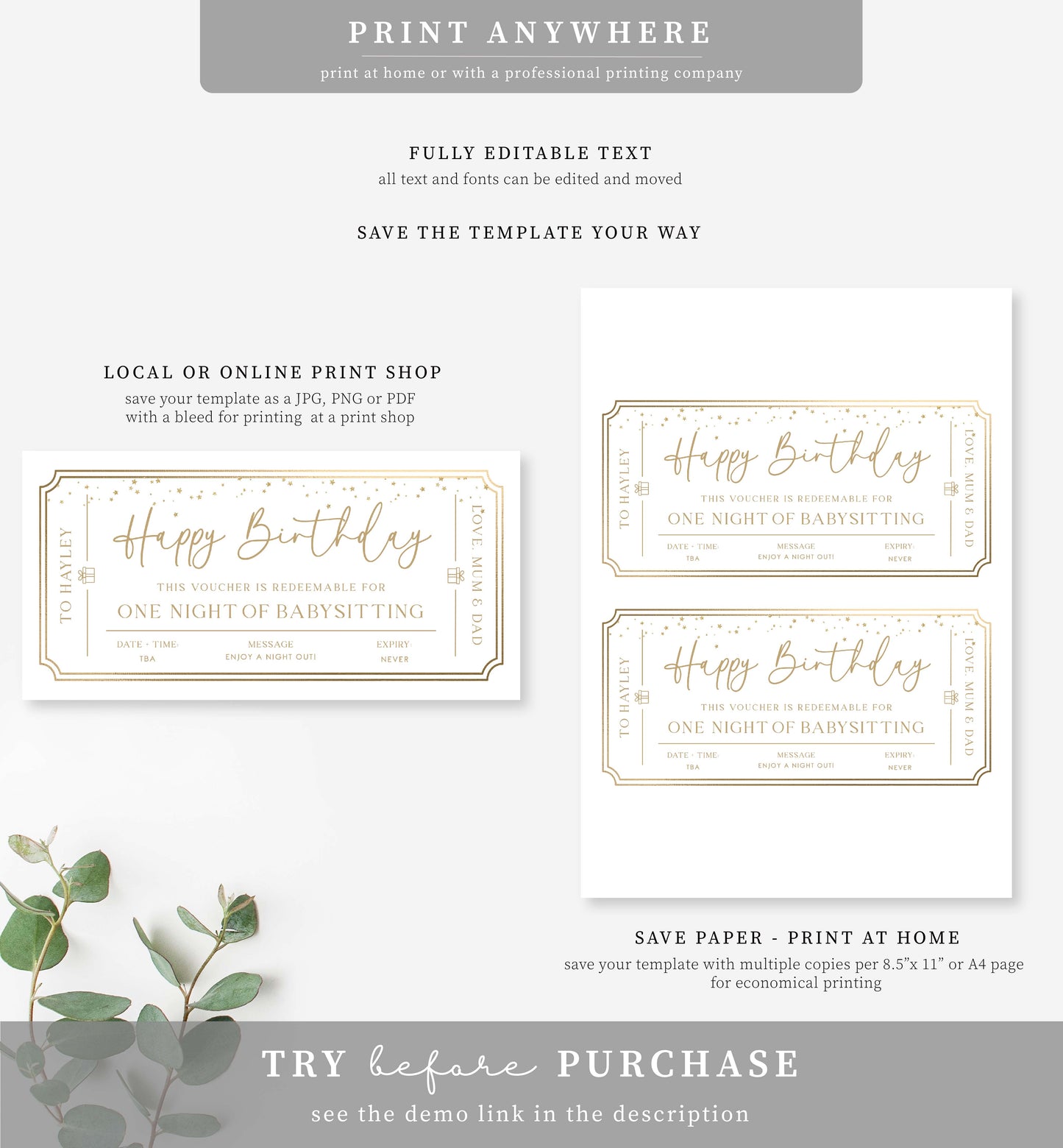Paintly White Gold | Printable Babysitting Gift Voucher Template