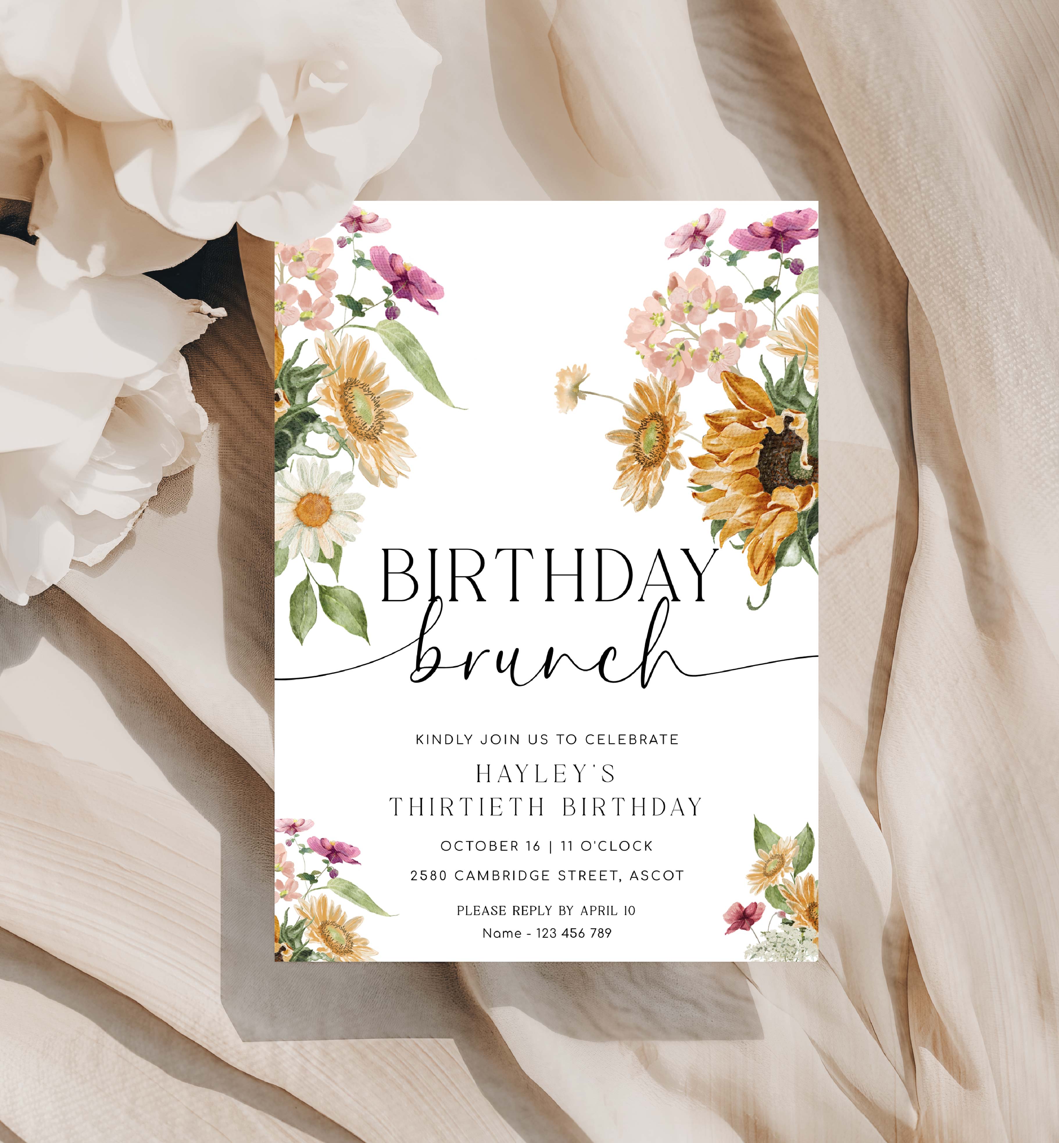 Mews Floral White Printable Birthday Brunch Invitation Template