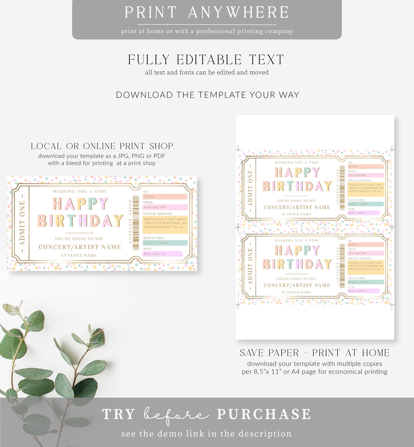 Dot Pastel Multi | Printable Concert Gift Voucher Template