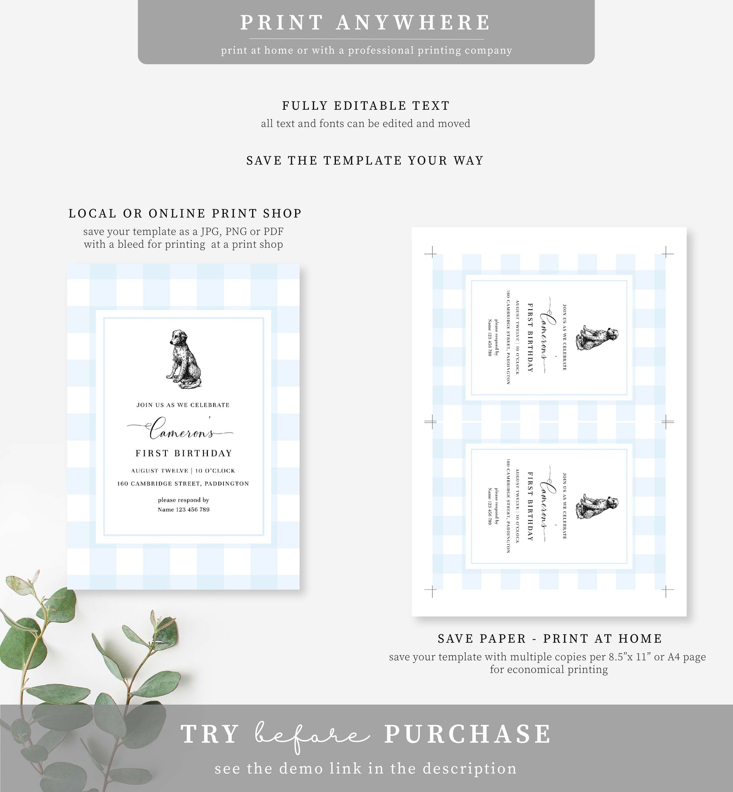 Gingham Blue Dog | Printable Birthday Invitation Template