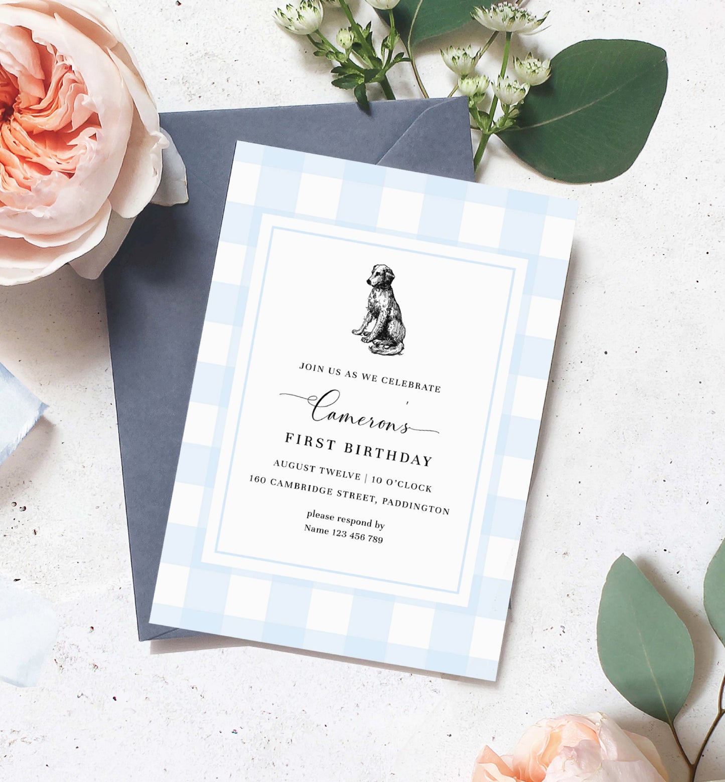 Blue Gingham Dog Boy First Birthday Invitation, Printable BBQ First Birthday Invite, Editable Male Birthday Invite, Any Age Birthday Invite