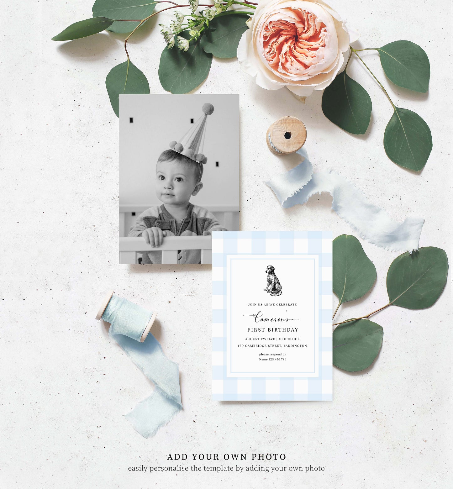 Blue Gingham Dog Boy First Birthday Invitation, Printable BBQ First Birthday Invite, Editable Male Birthday Invite, Any Age Birthday Invite