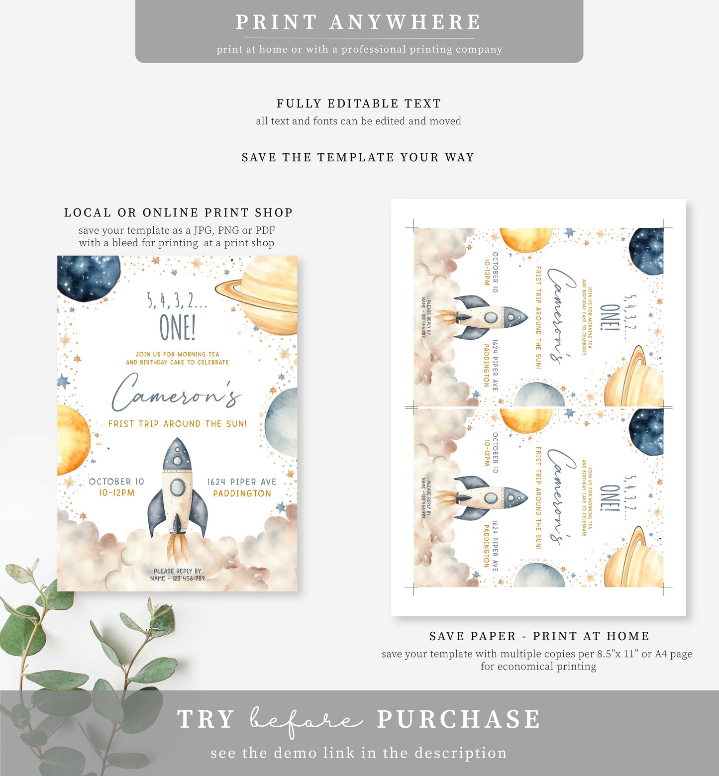 Space White | Printable Birthday Invitation Template