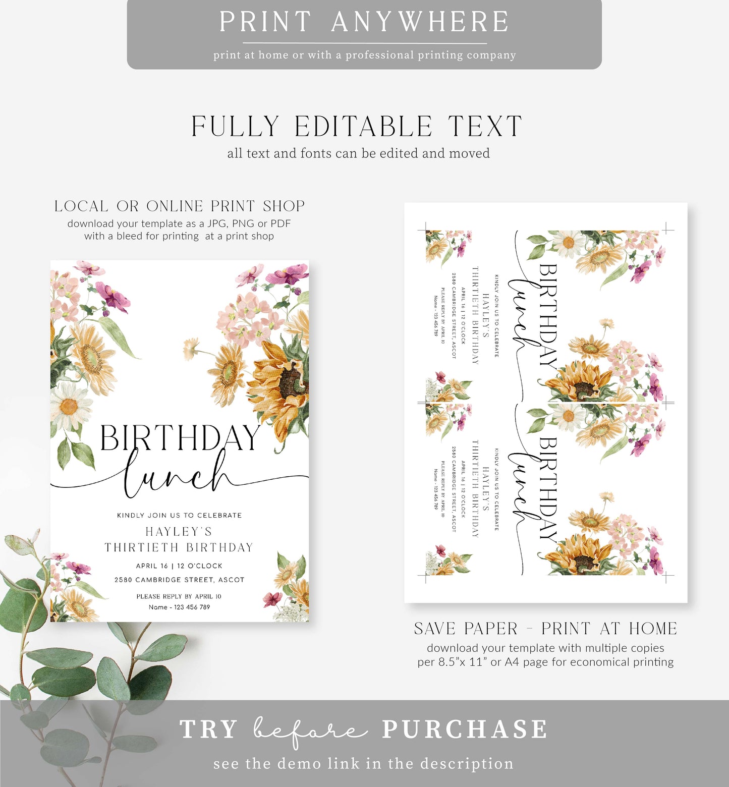 Mews Floral White | Printable Birthday Lunch Invitation Template