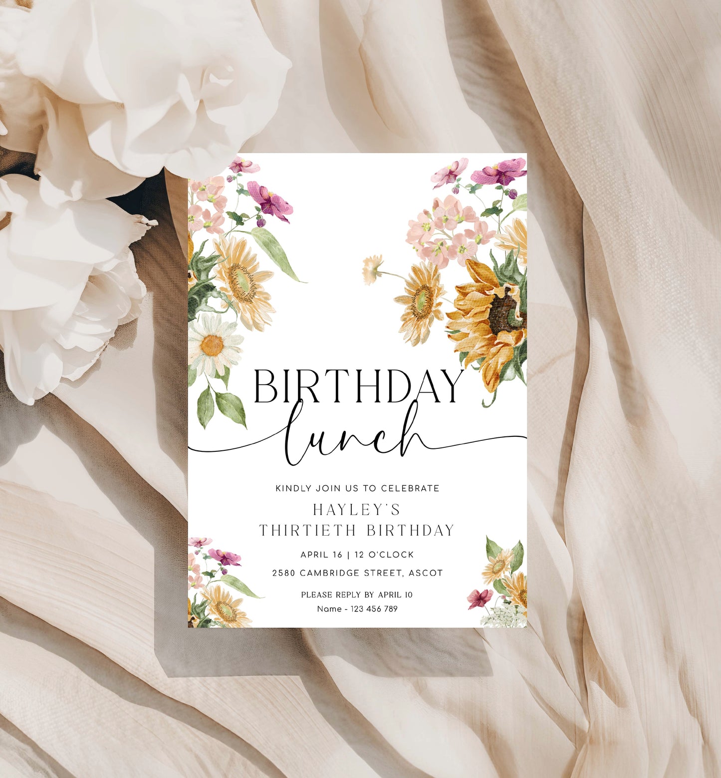 Mews Floral White | Printable Birthday Lunch Invitation Template