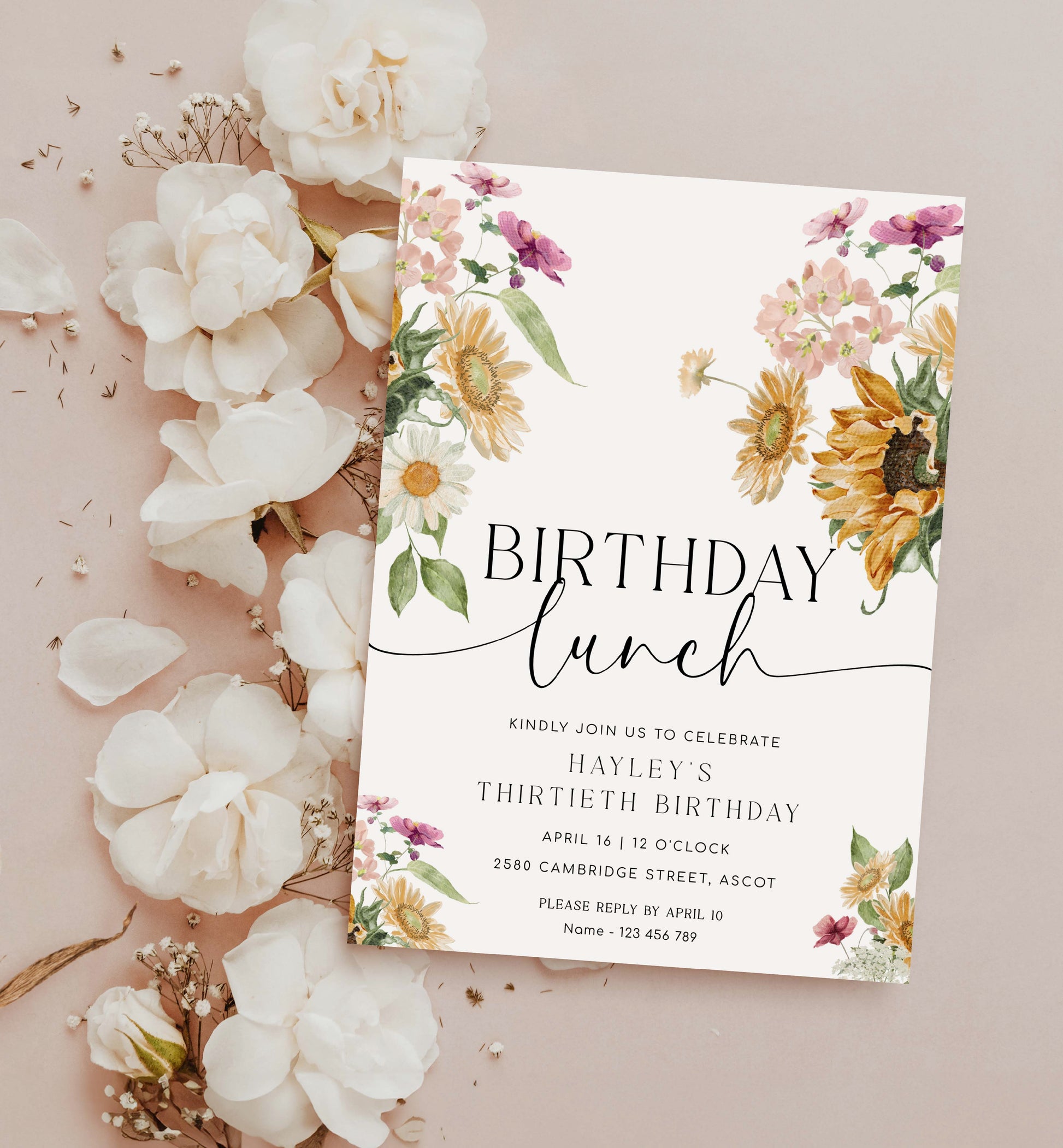 Printable Birthday Lunch Invitation, Sunflower Fall Floral Birthday Lunch Invite, Autumn Girls Birthday Invite, Birthday Party Evite, Mews