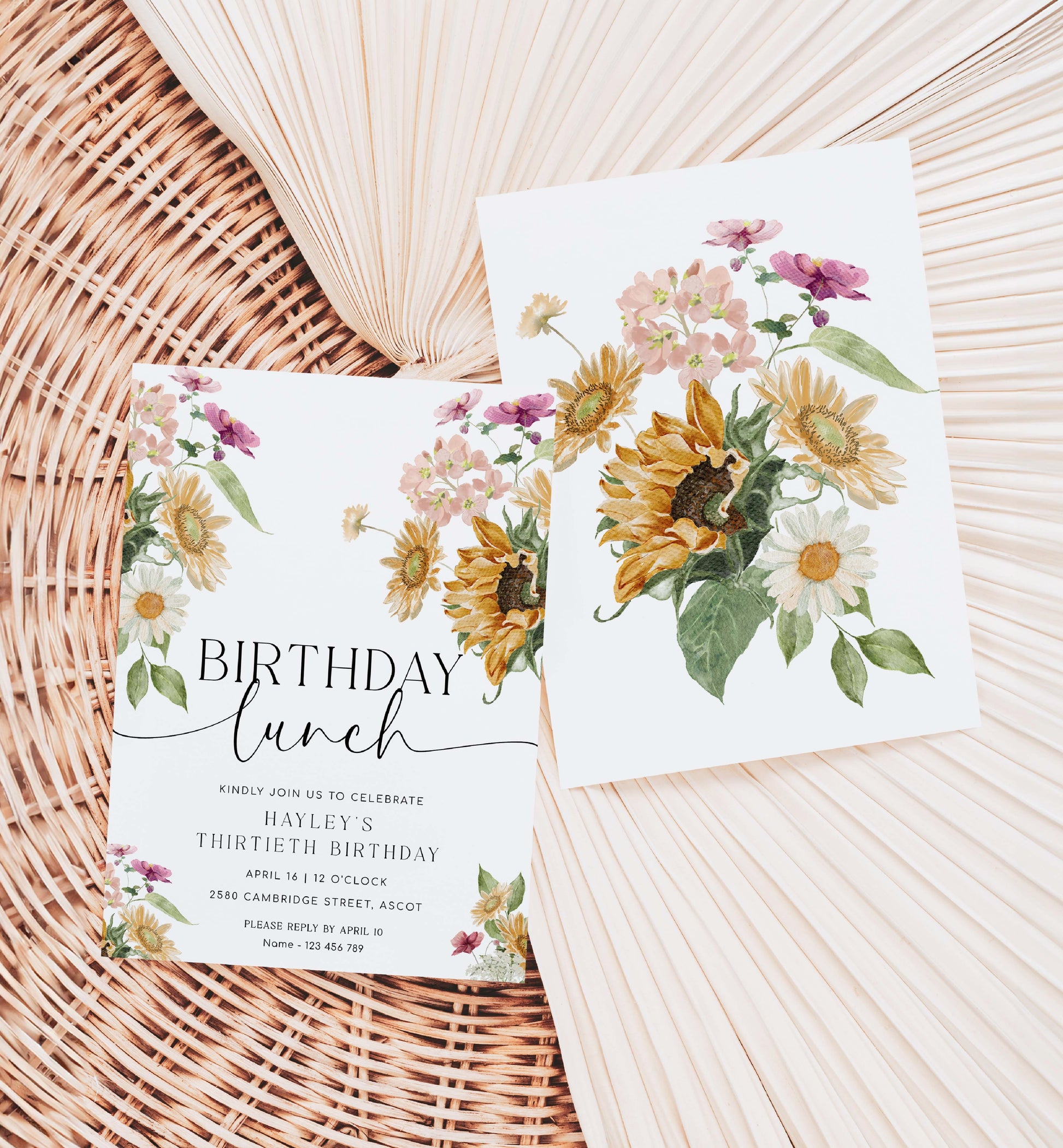 Printable Birthday Lunch Invitation, Sunflower Fall Floral Birthday Lunch Invite, Autumn Girls Birthday Invite, Birthday Party Evite, Mews